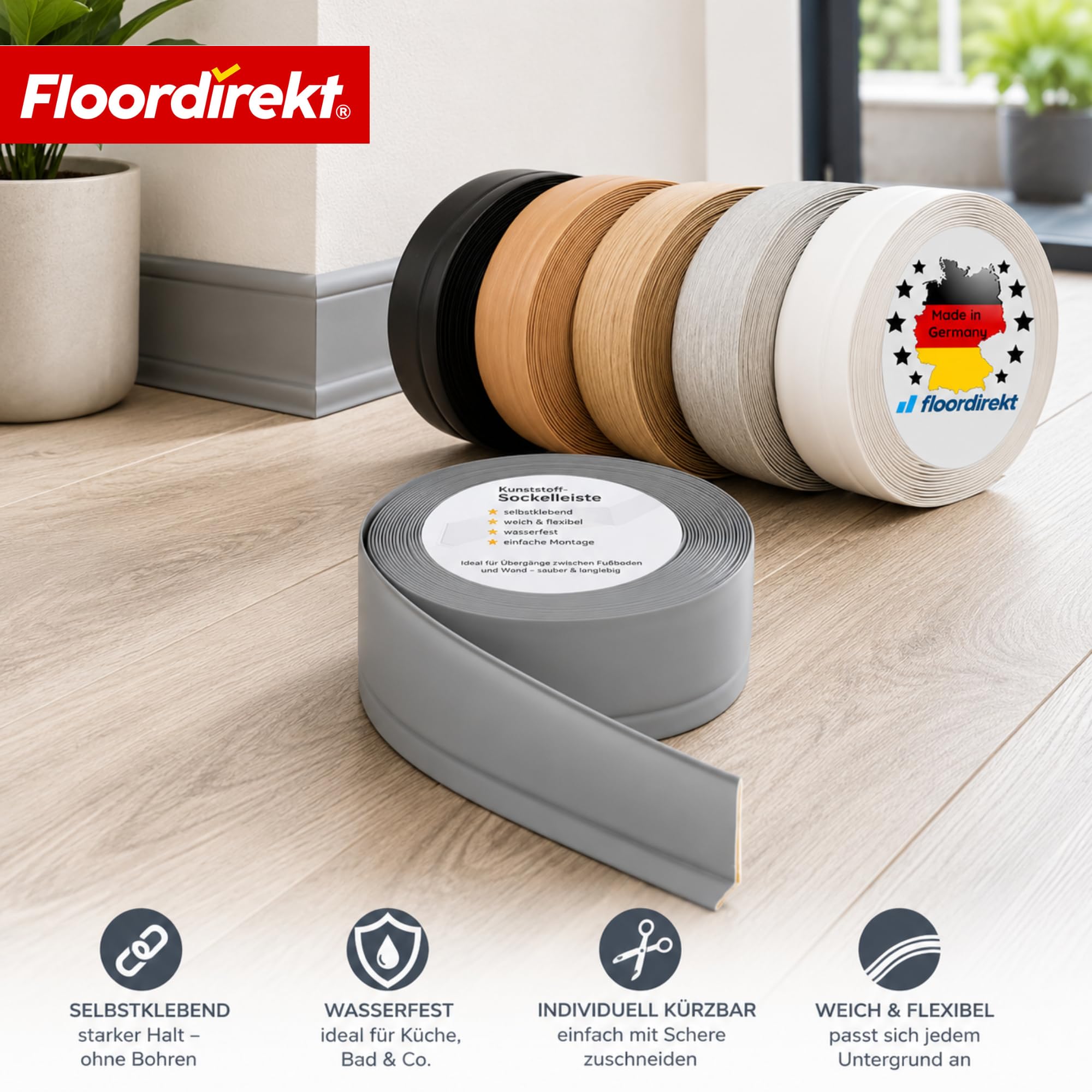 Floordirekt Sockelleiste Selbstklebende Fußleiste - 50 x 15 mm - Küchenleiste, Knickleiste individuell zuschneidbar - Weichsockelleiste aus PVC (Länge: 25 Meter, Weiß, Oslo)