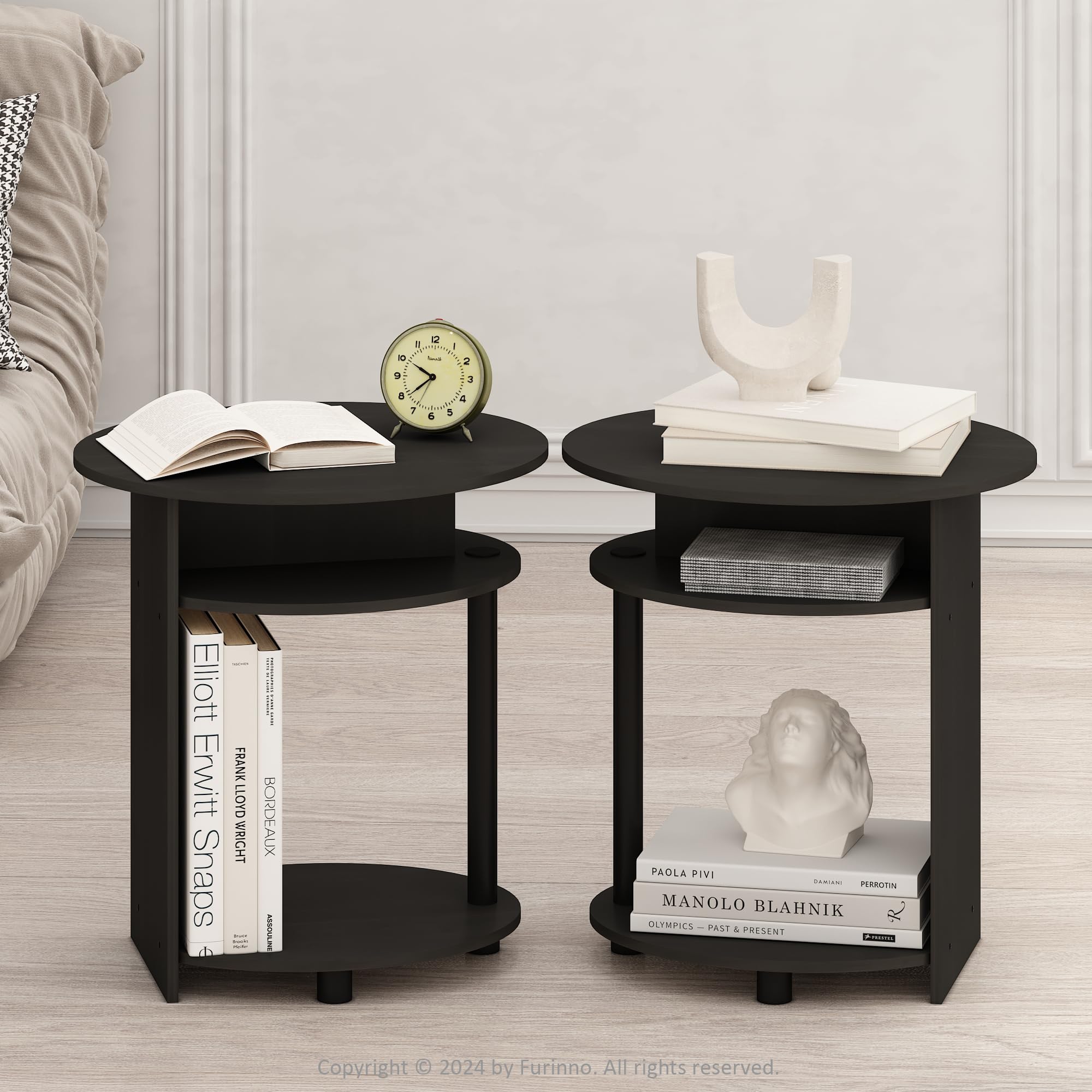 Furinno TIDUR Night Stand Set of 2, 3-Tier Oval Nightstand with Round Edge Tabletop, Open Shelf Bedside Table, End Table, Side Table, for Bedroom, Living Room, Walnut