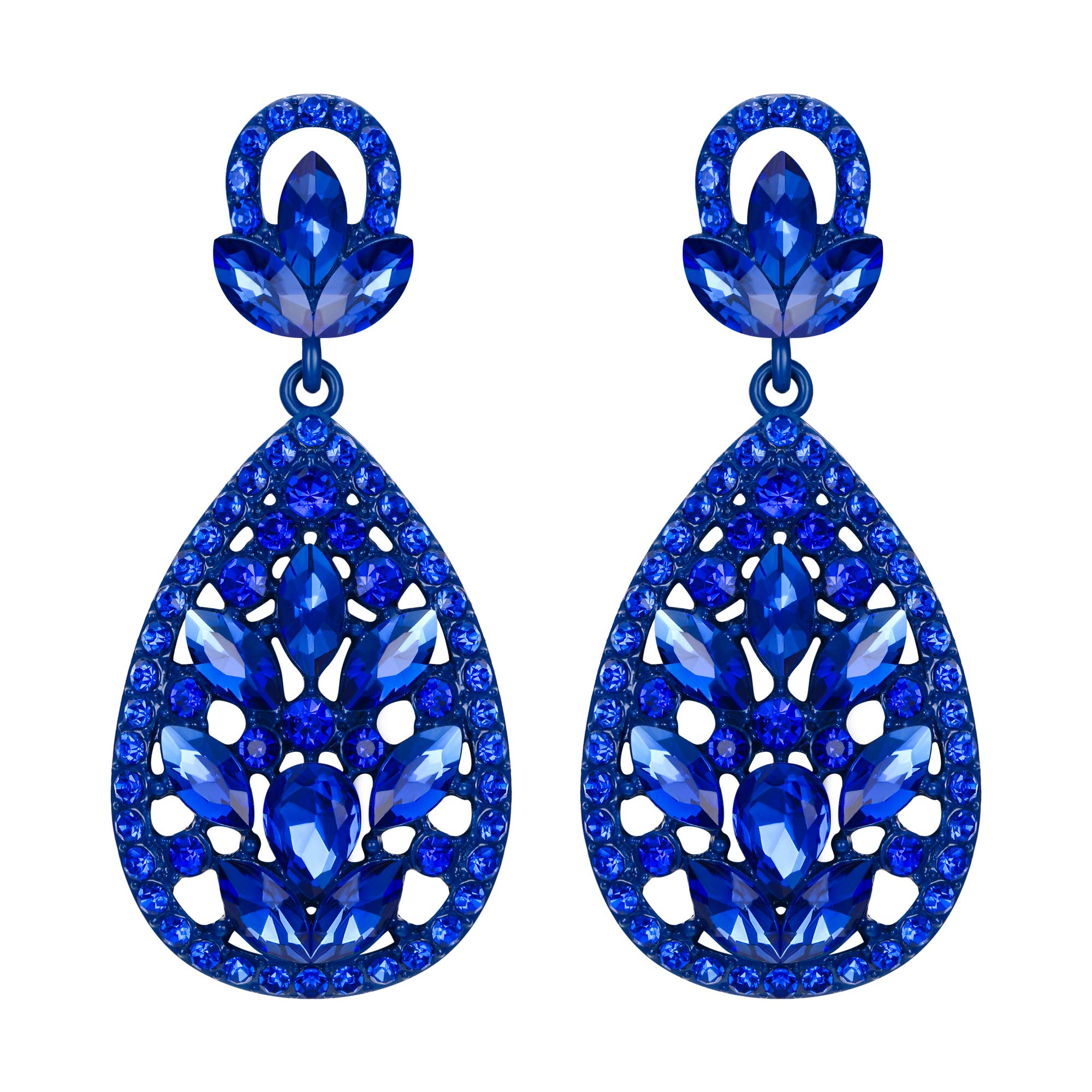 EleQueenWomen's Wedding Bridal Austrian Crystal Bohemia Teardrop Chandelier Dangle Earrings Royal Blue Color Blue-Tone