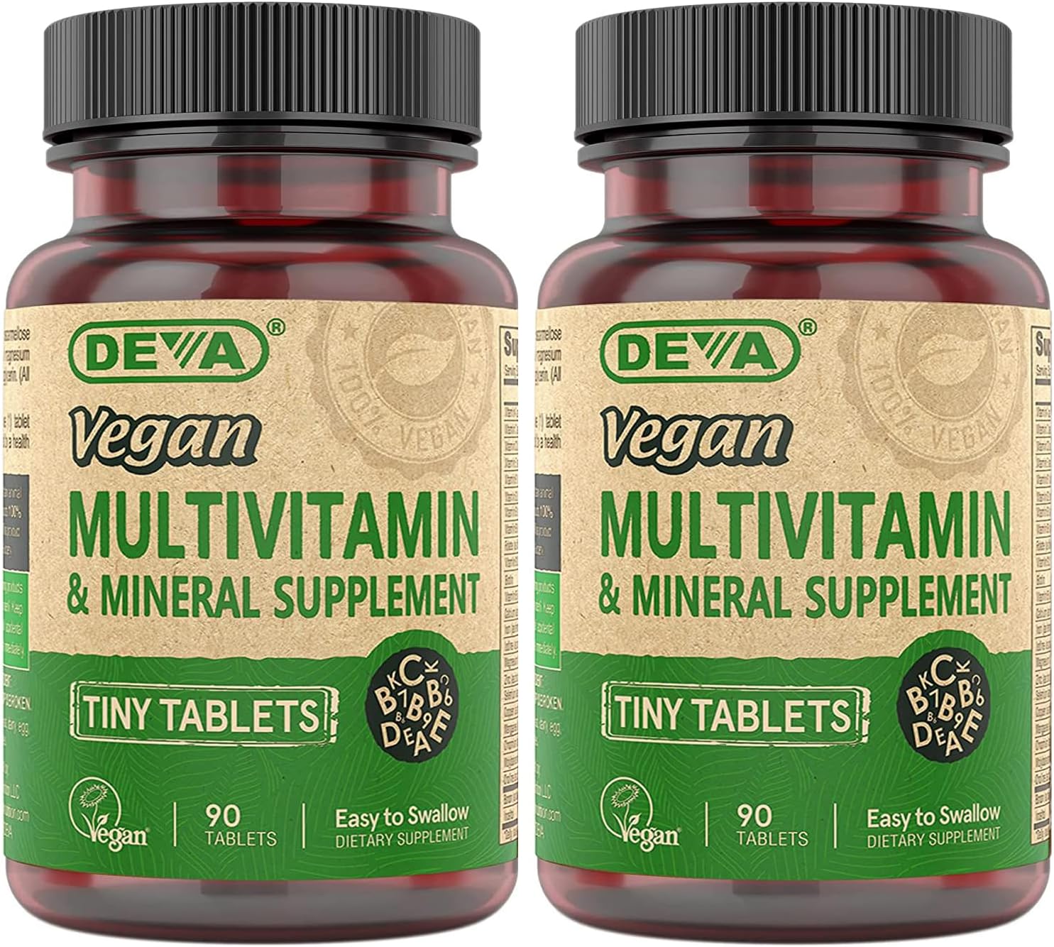 DEVA Tiny Tablets Vegan Multivitamin for Women & Men 2-Pack with Iron, Vitamin C, E, B Complex Vitamins, Zinc, 90 Tablets Each