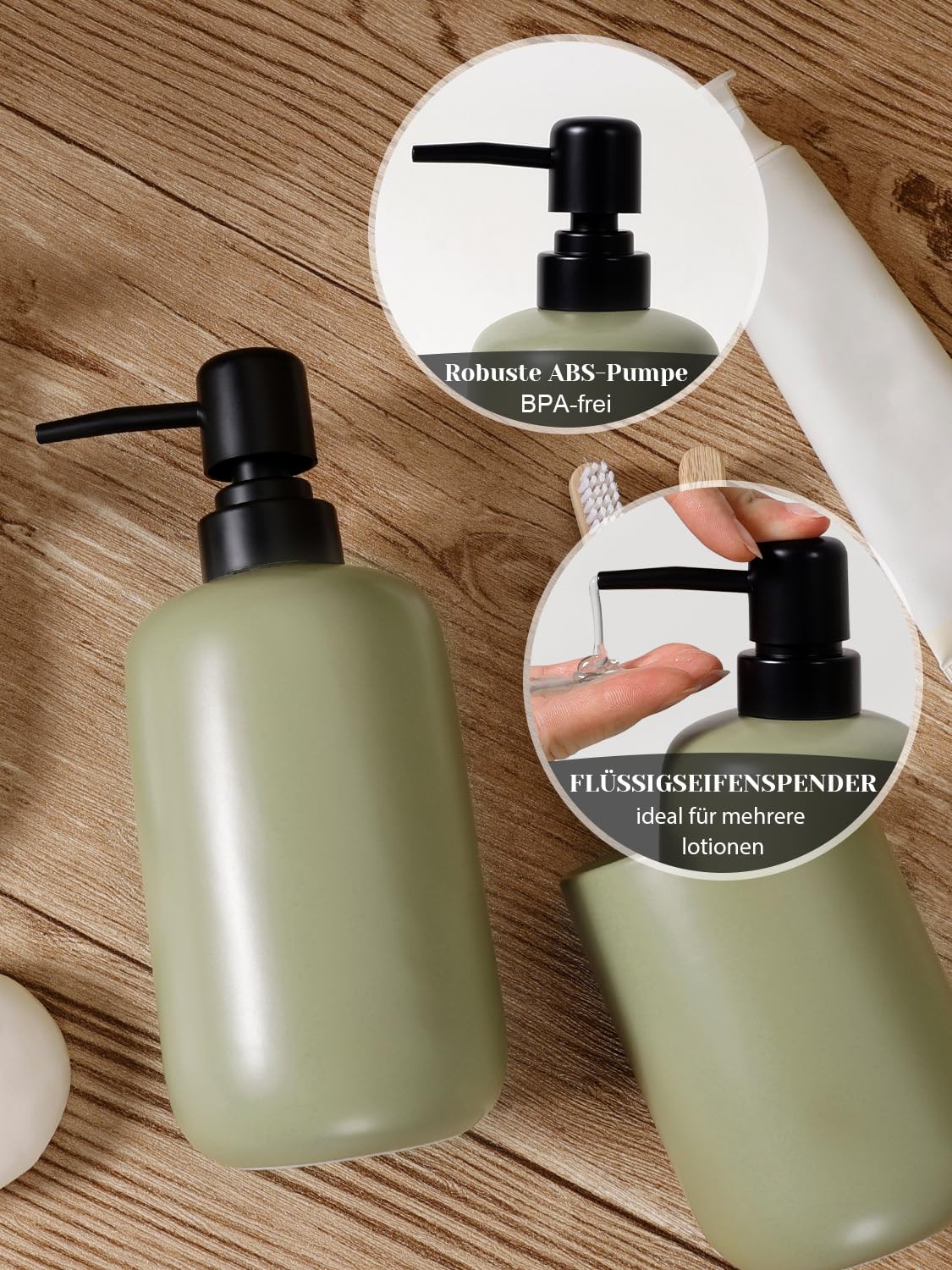 Badezimmer Zubehör Set Grün, 3-Teilig Keramik Bad Set Praktisch Bad Zubehör Set mit Schmal Seifenspender, Zahnputzbecher & Ablageschale für Bad, Waschbecken