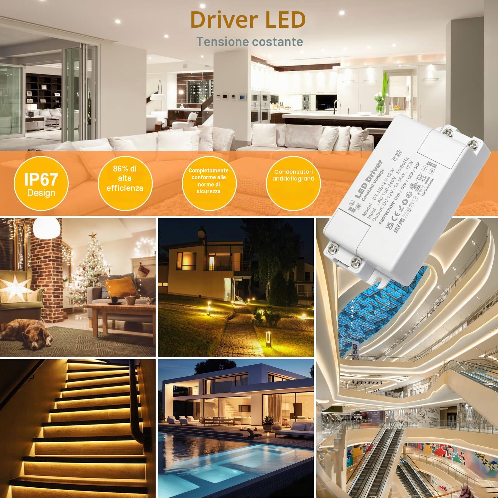 Trasformatore 220V 12v 12w, Alimentatore 12v 1 A, Trasformatore LED AC a DC, led driver 12 V, per G4, GU5.3, MR11, MR16, Lampade LED, Non dimmerabile, non sfarfallante, non rumoroso