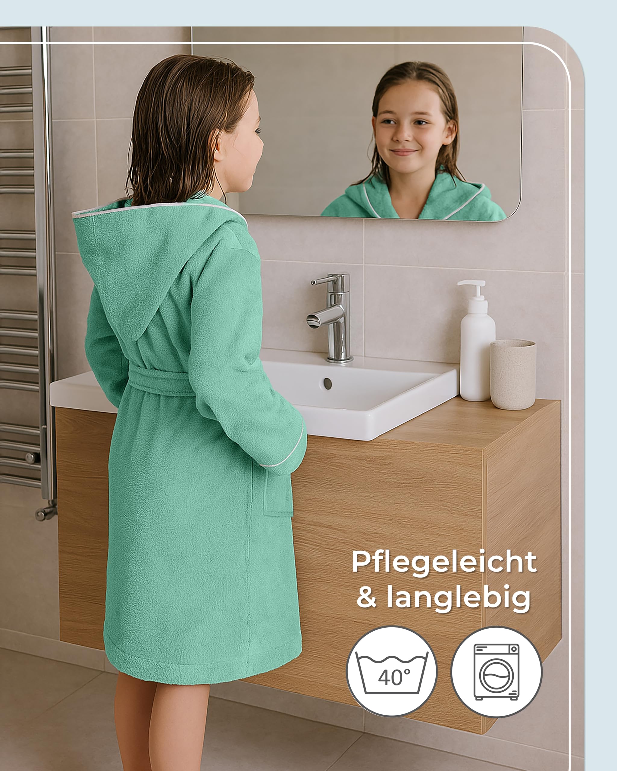 LAYNENBURG Premium Bademantel Kinder & Teenager mit Kapuze - 100% Baumwolle - OEKO TEX Standard 100 - flauschiges Frottee - Größen 110 bis 176