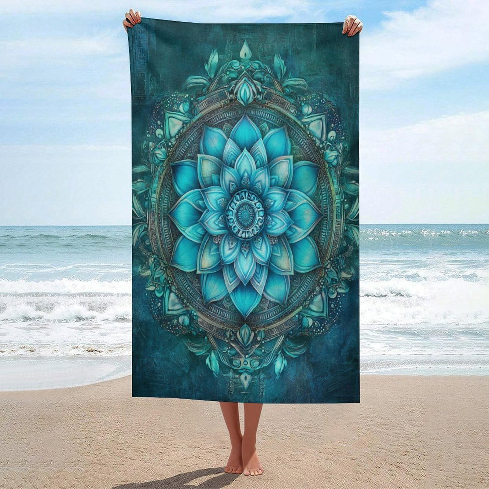 LSRCPD Mandala with Lotus Flowers Green Leaves Beach Towel Sand Free Microfiber Large Shower Towels Multipurpose Absorbent for Bathroom Pool 130x80 CM