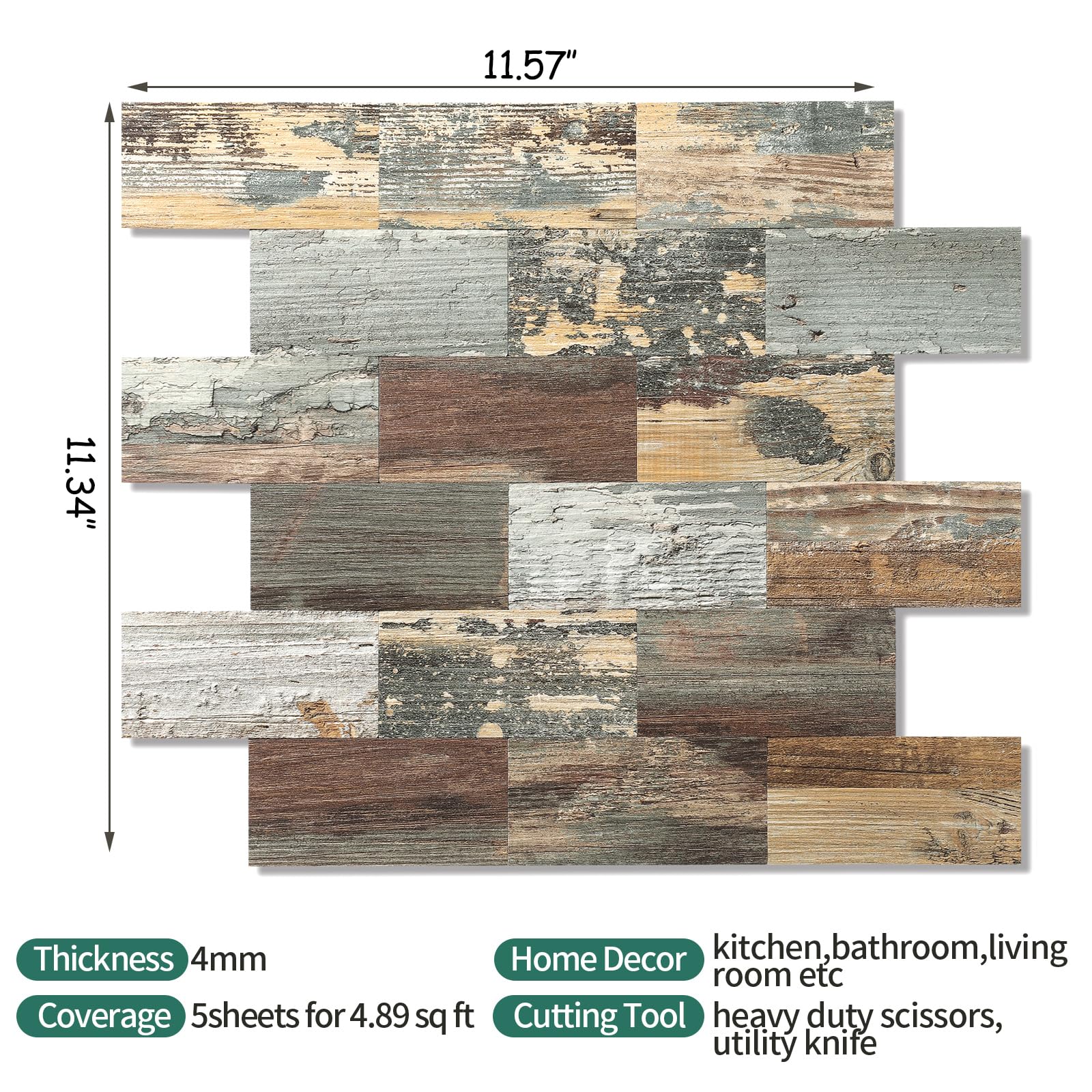 2026 - Azulejo de pared para despegar y pegar, despegar y pegar de 11.35 x 11.6 pulgadas para cocina, baño, chimenea, lavandería (mezcla rústica, 10 paquetes)