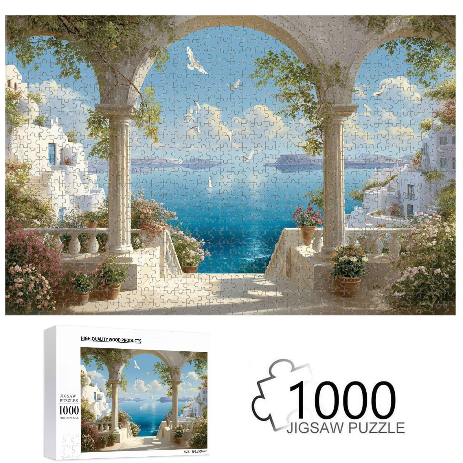 1000 elementów, puzzle dla dorosłych, morze i małe miasteczko, drewniane puzzle 1T#622