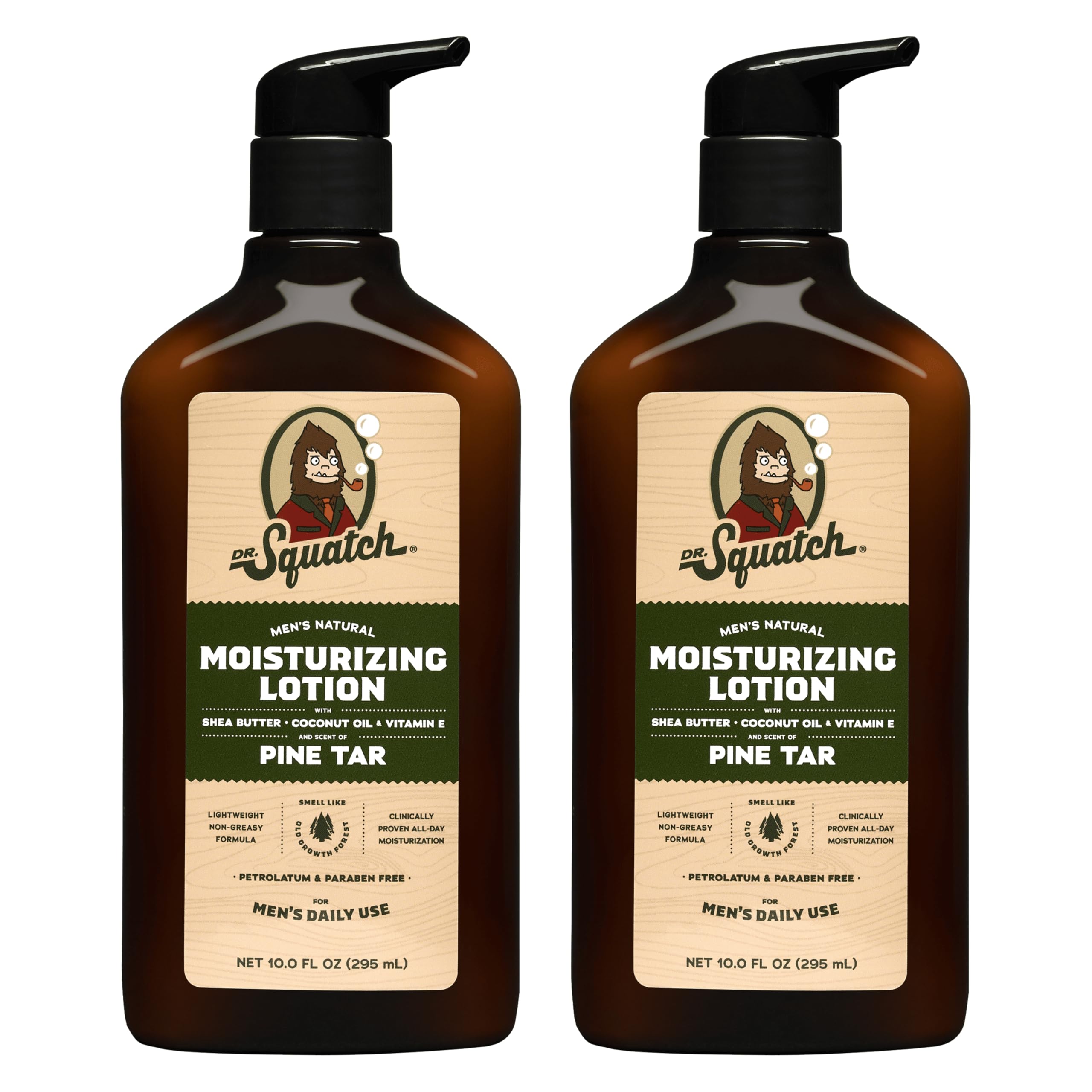 Dr. SquatchNatural Hand and Body Lotion for Men - Made with Shea Butter, Coconut Oil, Vitamin E for 24-Hr Moisturization - Pine Tar (10 fl oz, 2-Pack)