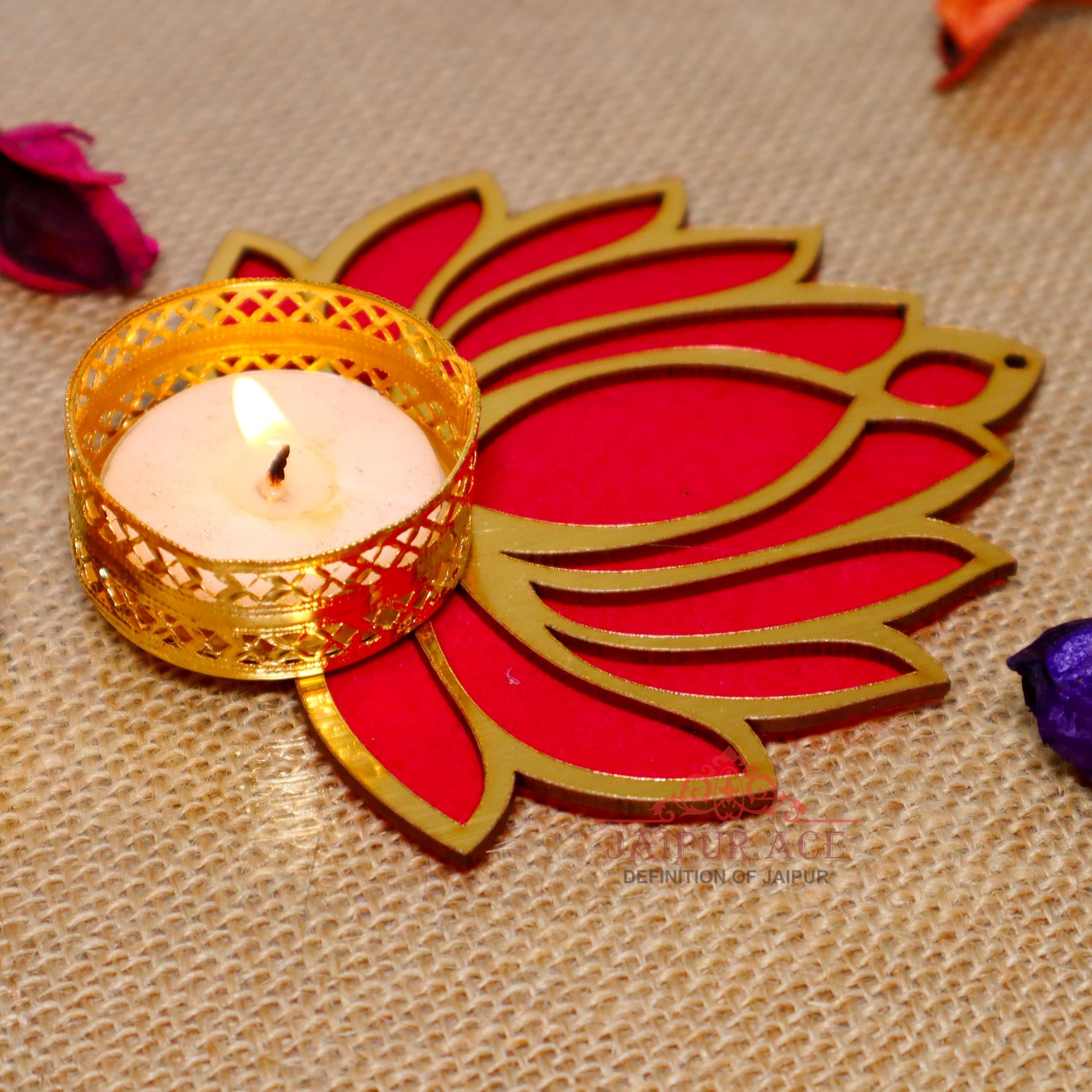 Jaipur Ace Decorative Diwali Tealight Diya | Traditional Handmade Lotus Candle Holder Rangoli Set for Home Decoration | Laxmi Pooja Set (Set of 6)