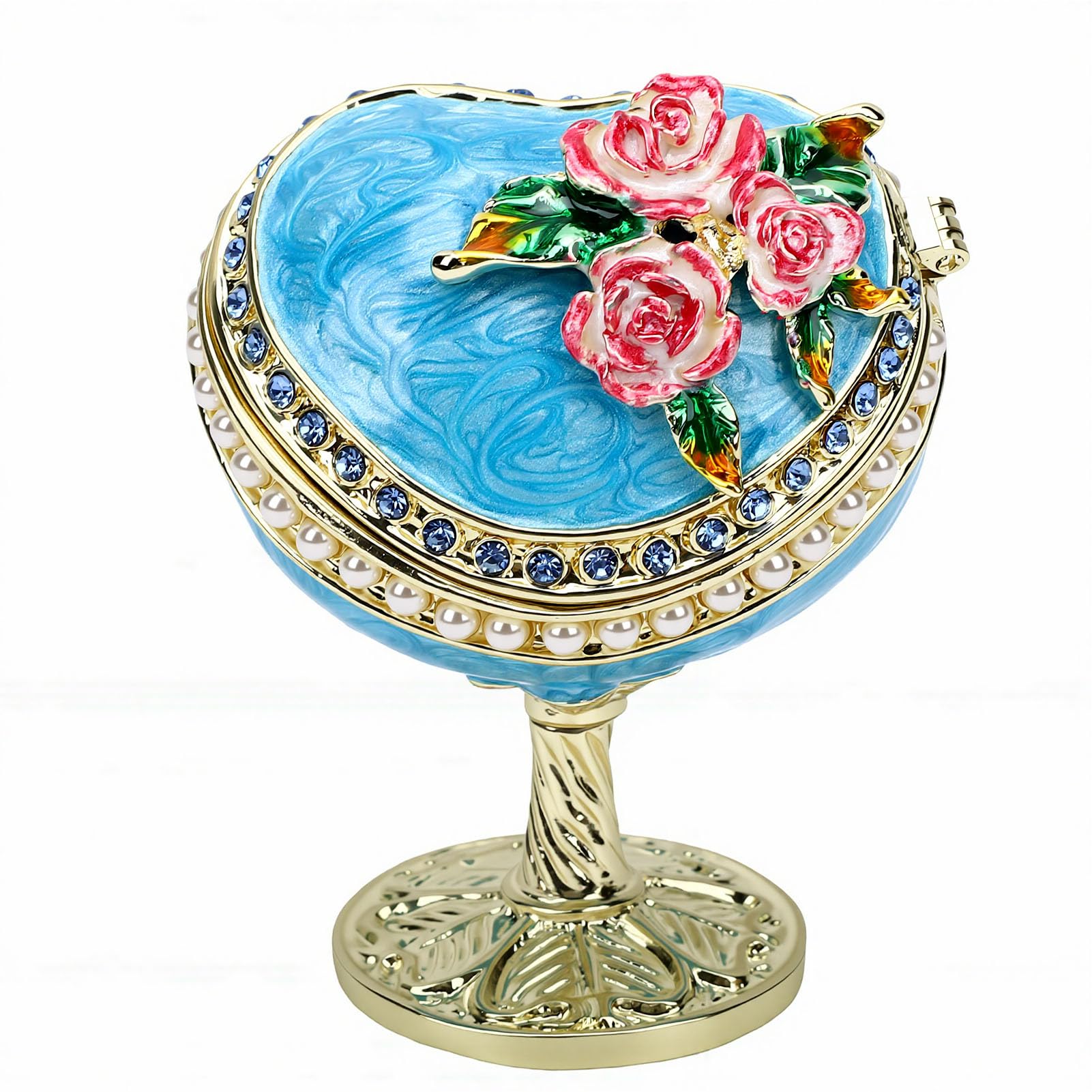 Boîte à bijoux œuf de rose fait main en émail style Fabergé avec perles