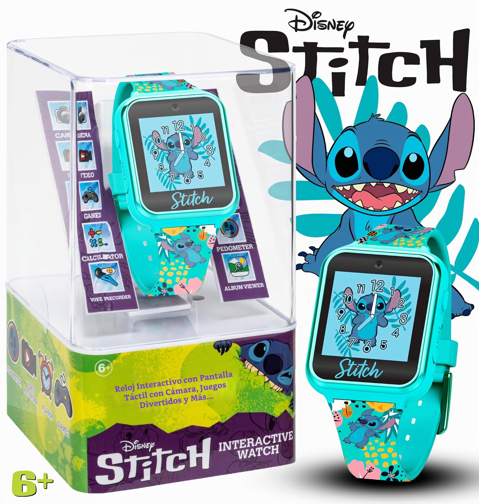 Disney Stitch - Reloj Inteligente Interactivo para niños, Aprendizaje Divertido con 10 Caras de Reloj, Juegos, Contador de Pasos y cámara, Turquesa, 40 mm, Moderno