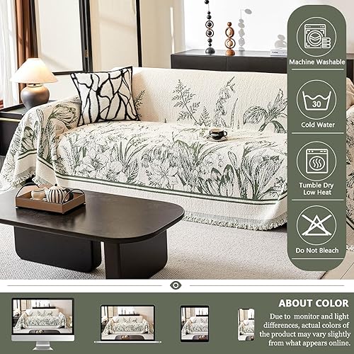 Miniatura 6 de DREAMINGO Funda floral para sofá de 2 cojines, funda de felpa gruesa de 71 x 118 pulgadas, funda de sofá jacquard vintage con borlas para sala de