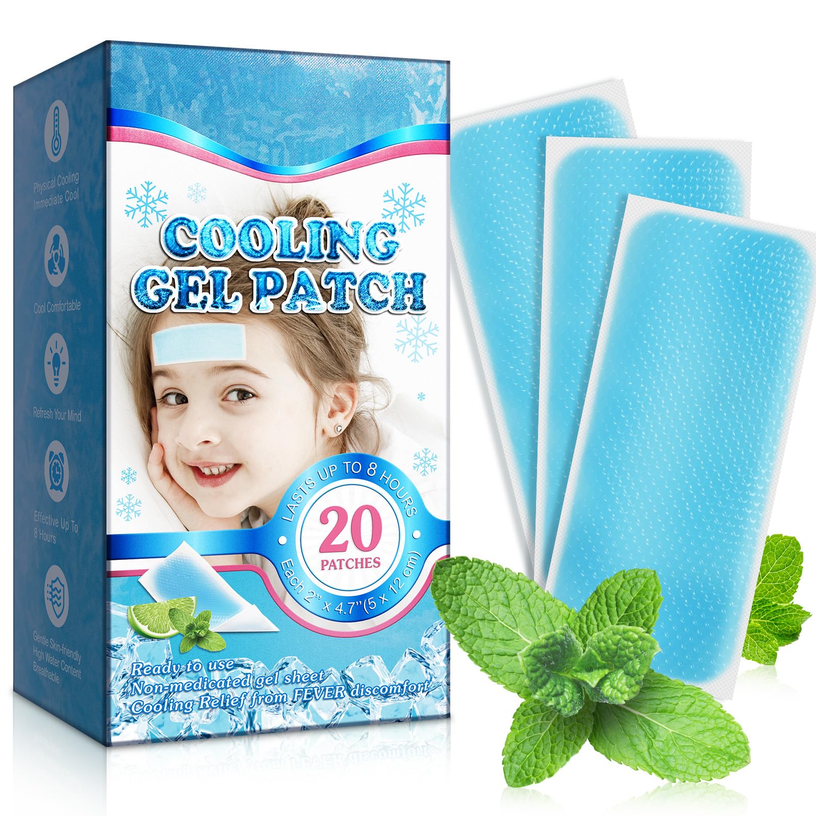 20 Sheets Cooling Fever Patch for Kids,Cooling Forehead Strips Cooling Gel Pads for Baby Children Adult, Forehead Fever Cool Pads
