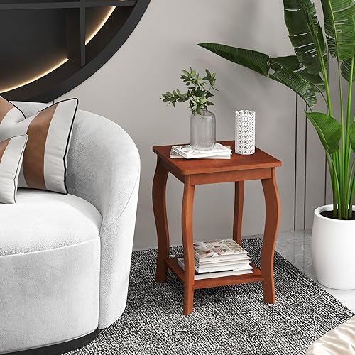 Miniatura 8 de GOFLAME Mesa auxiliar cuadrada de 2 niveles, moderna mesa auxiliar de sofá con estante de almacenamiento, patas de madera maciza, mesa de acento
