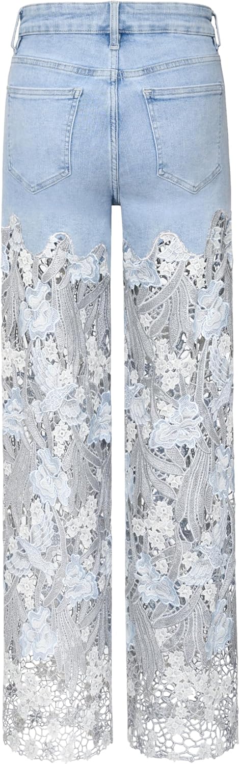 JW PEI Women's Embroidery High Rise Wide Leg Lace Denim Jeans with Rhinestone