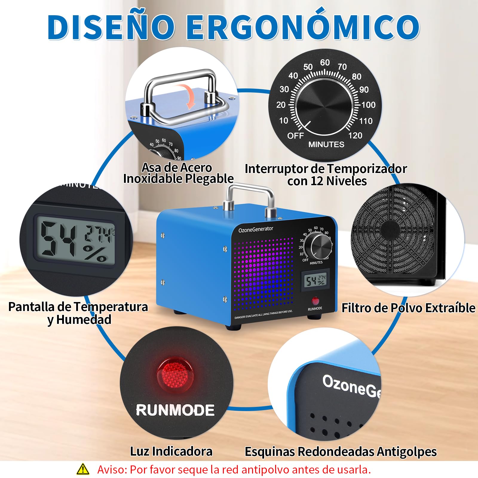 Charmofun Profesional Máquina de Ozono 60000mg/h, Generador de Ozono Hogar, Ozonizador con Temporizador, Ozono Hogar Purificador de Aire para Garajes, Coche, Mascotas (Azul)