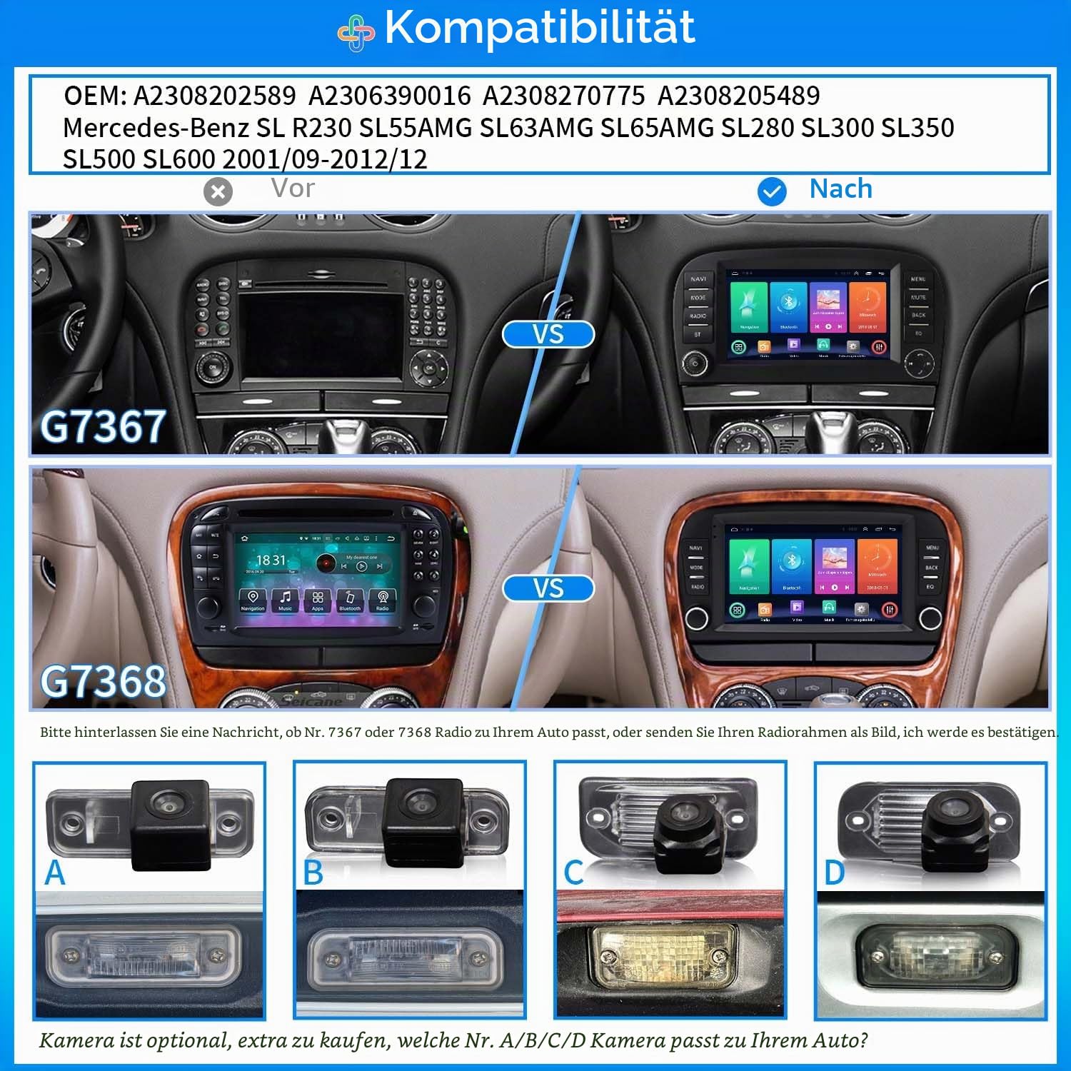 7" Android Auto GPS Radio Navigator Carplay Replacement for Mercedes-Benz SL R129 R230 SL55AMG SL63AMG SL65AMG SL280 SL300 SL350 SL500 SL600 2001/09-2012/12+Rückfahrkamera