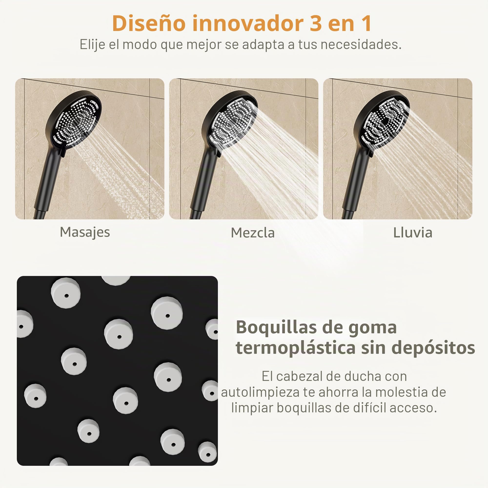 Ducha de lluvia sin grifería con estante, sistema de ducha con cabezal de ducha de acero inoxidable ajustable, barra de ducha, alcachofa redonda, 25 cm, negro y dorado