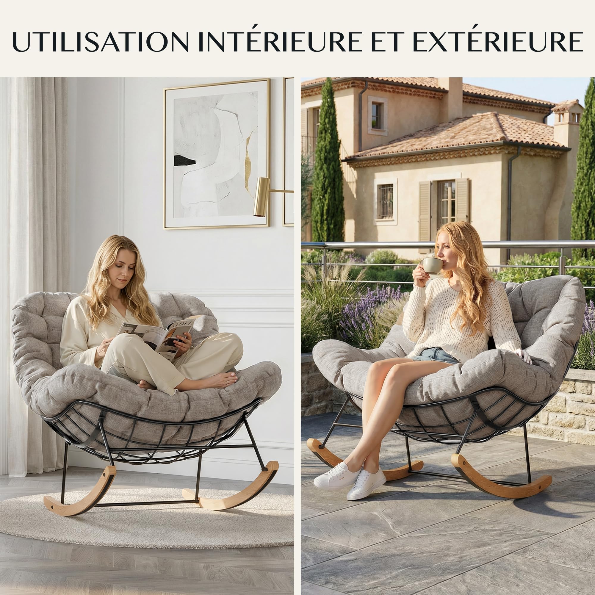 FLEXISPOT Fauteuil à Bascule Confortable avec Coussin & Appui-Tête, Chaise Longue Relax à Balancement Doux, Style Naturel et Chaleureux, pour Salon, Balcon, Terrasse et Jardin – Brun Lin