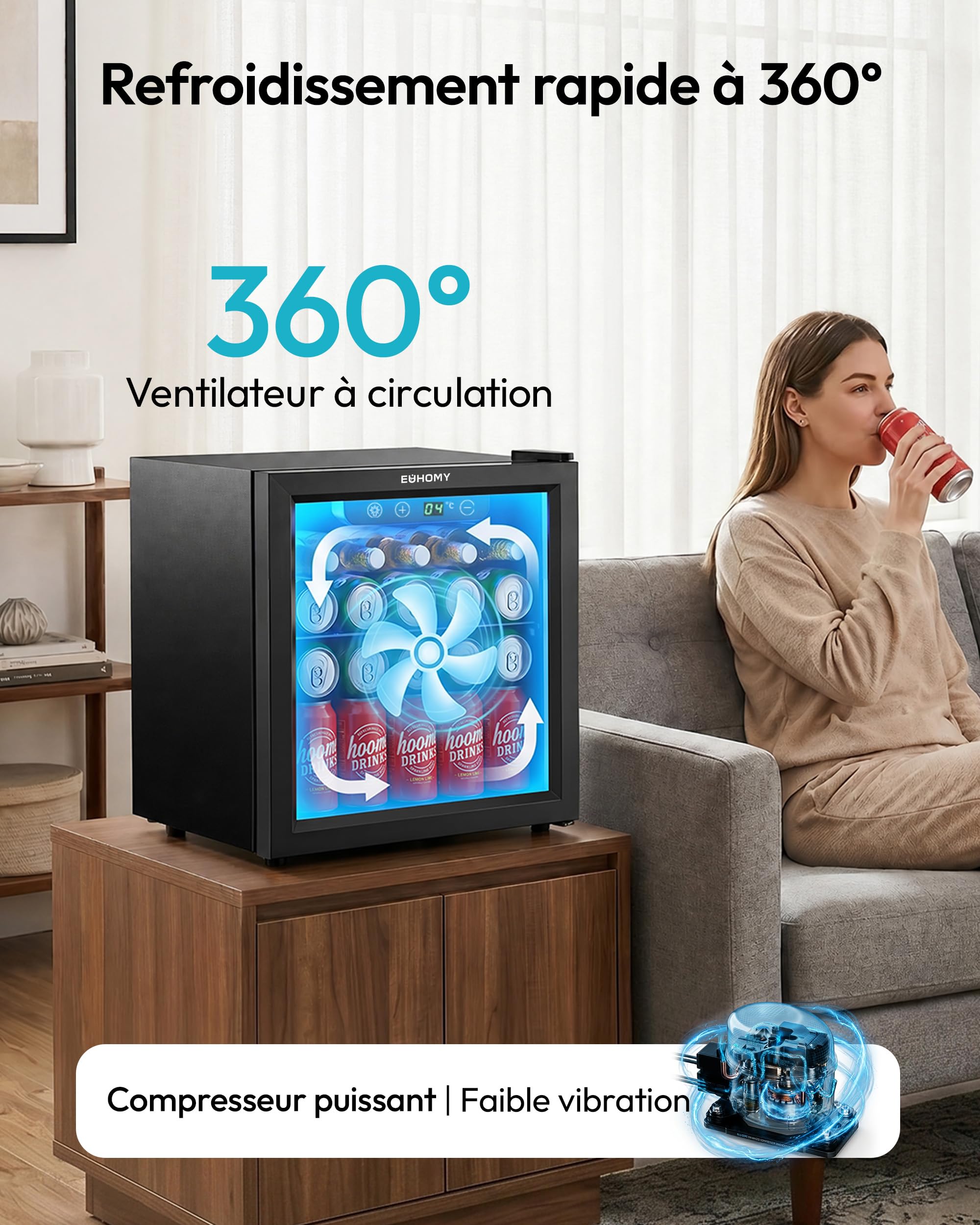 EUHOMY Réfrigérateur à Boissons 55 Canettes 36 L Silencieux 43 dB Porte Vitrée Noir