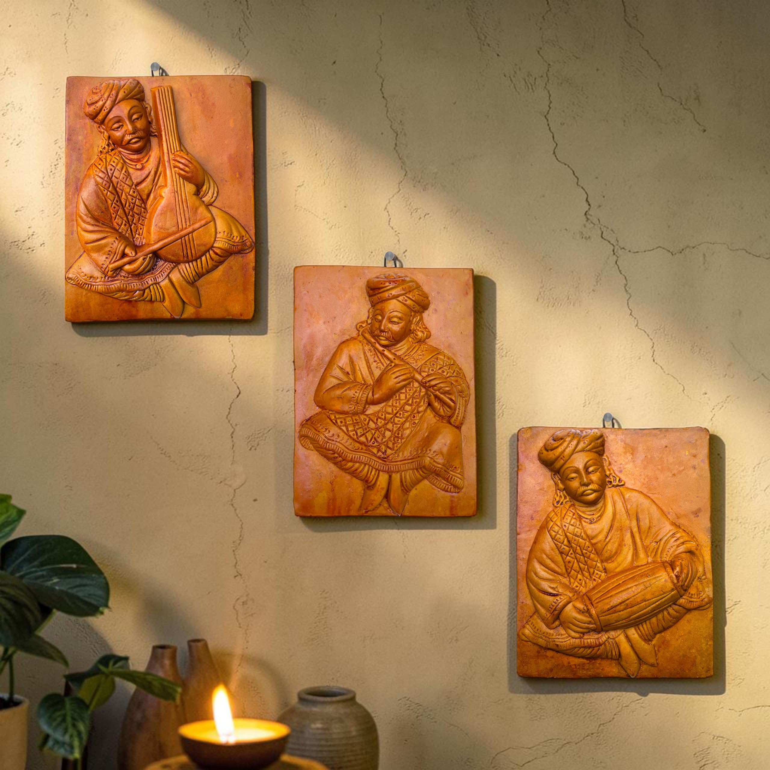 Rajasthani Musical Folk Art Terracotta Wall Decor | Rajasthani Wall Art | Rustic Ethnic Folk Musician Wall Hanging Decor for Home, Living Room, Office, Hallway Decoration|3 Pcs (20 x 15 CM)-image-45