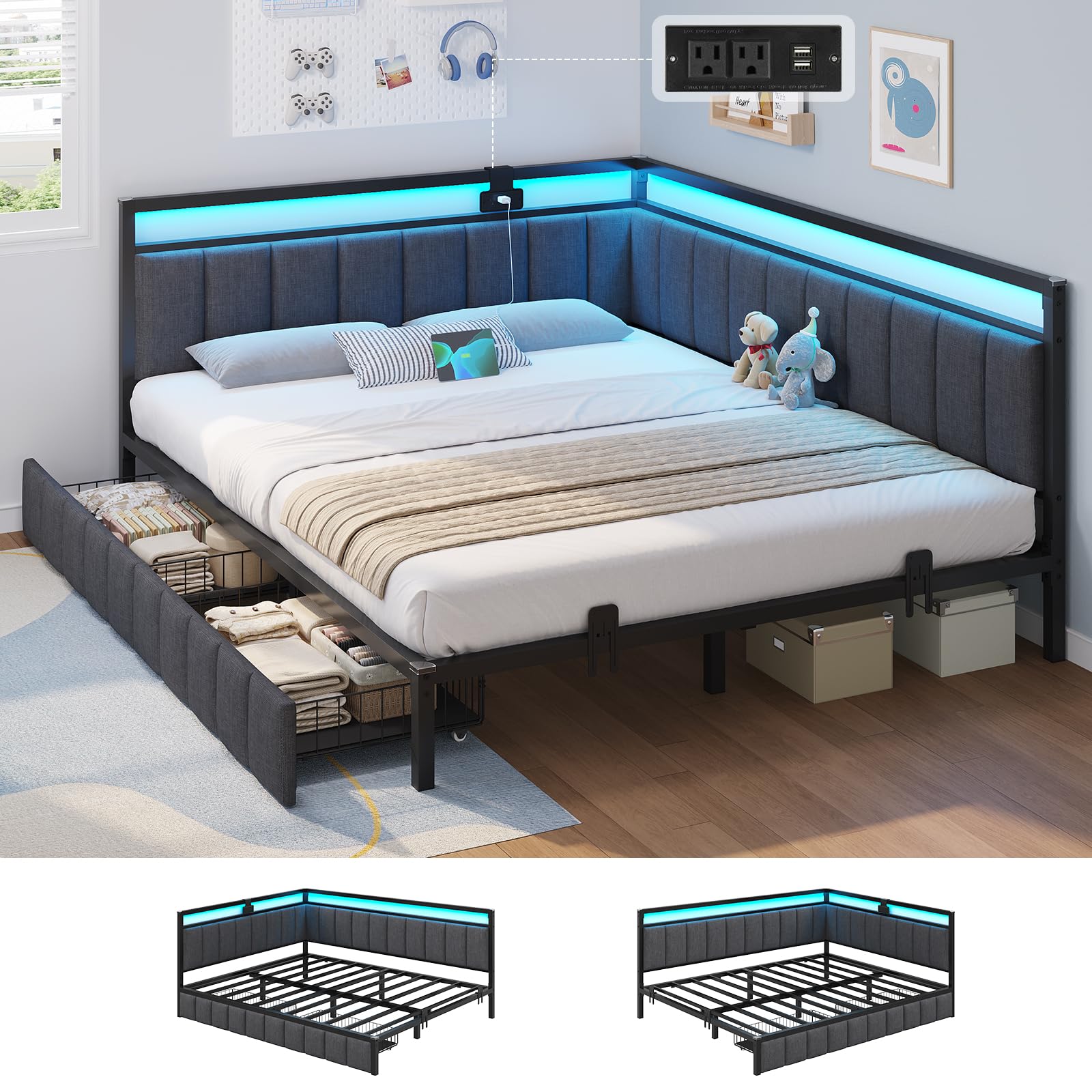 Hasuit Queen Corner Bed Frame with LED lights and storage drawers