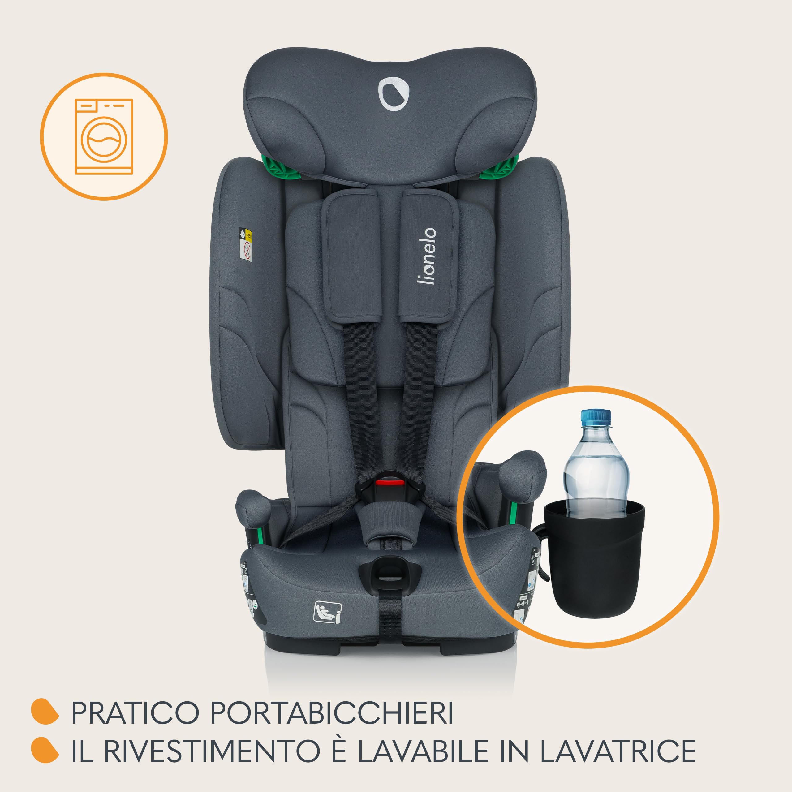 LIONELO Seggiolino Auto NELLY I-SIZE Pieghevole per Bambini 76-150 cm,15 mesi - 12 anni, Gruppo 123 Installazione in avanti con ISOFIX e Cinghia, Protezione Laterale, Regolazione