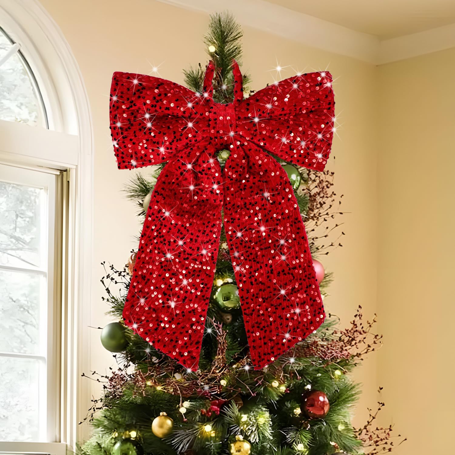 Large Sequin Christmas Tree Topper Bow,13 x 21.26 Inch Holiday Red Wreath Bows Decorations for Xmas Front Door Window Fireplace Home Decor (Red)