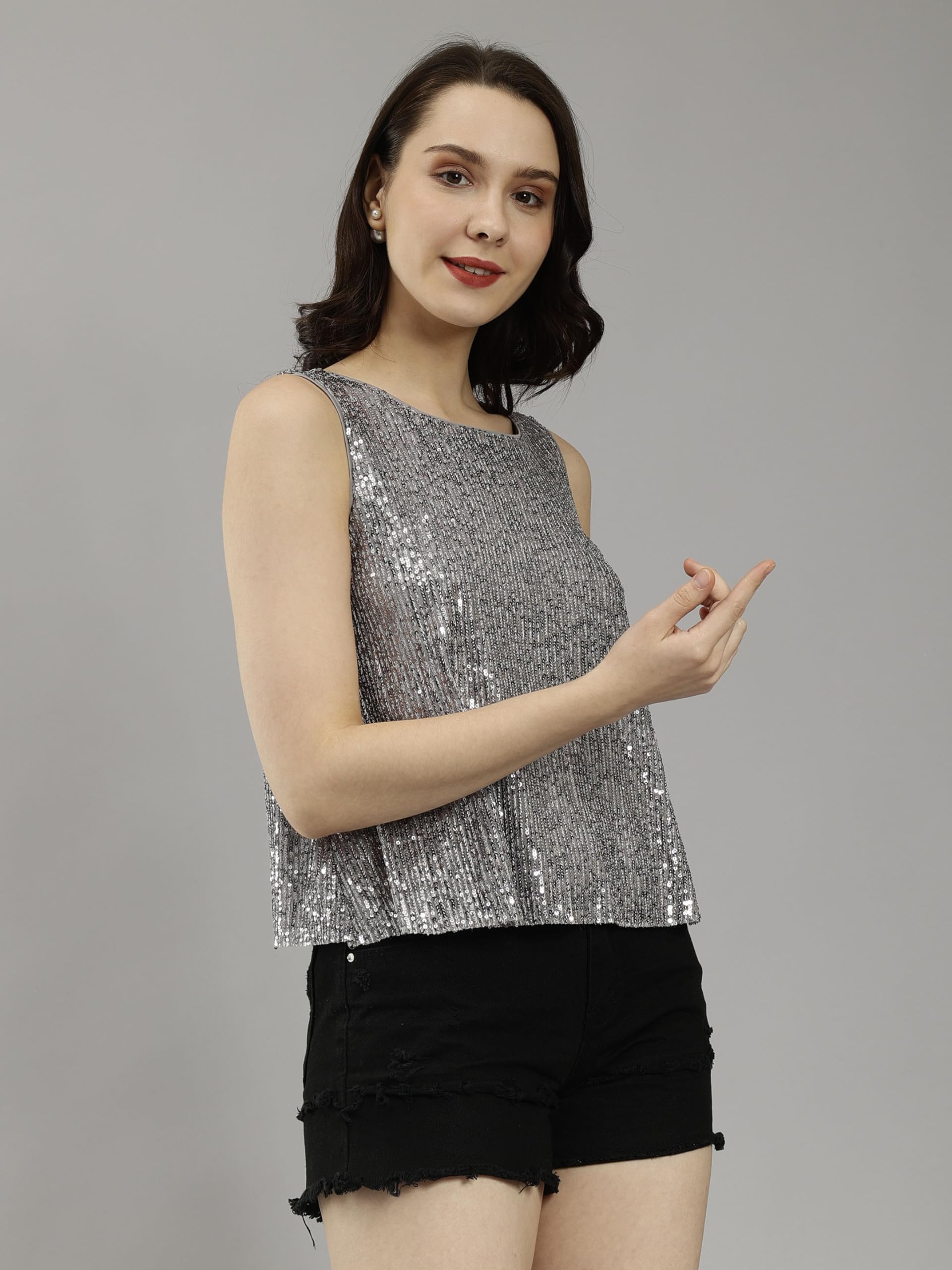SAFFE Women's Casual Dazzling Round Neck Embellished Sleeveless All Over Sequin Vest Tank Top|Evening, Cocktail, Pub, Concert, Dance, Bachelor Party (Grey_M) 2