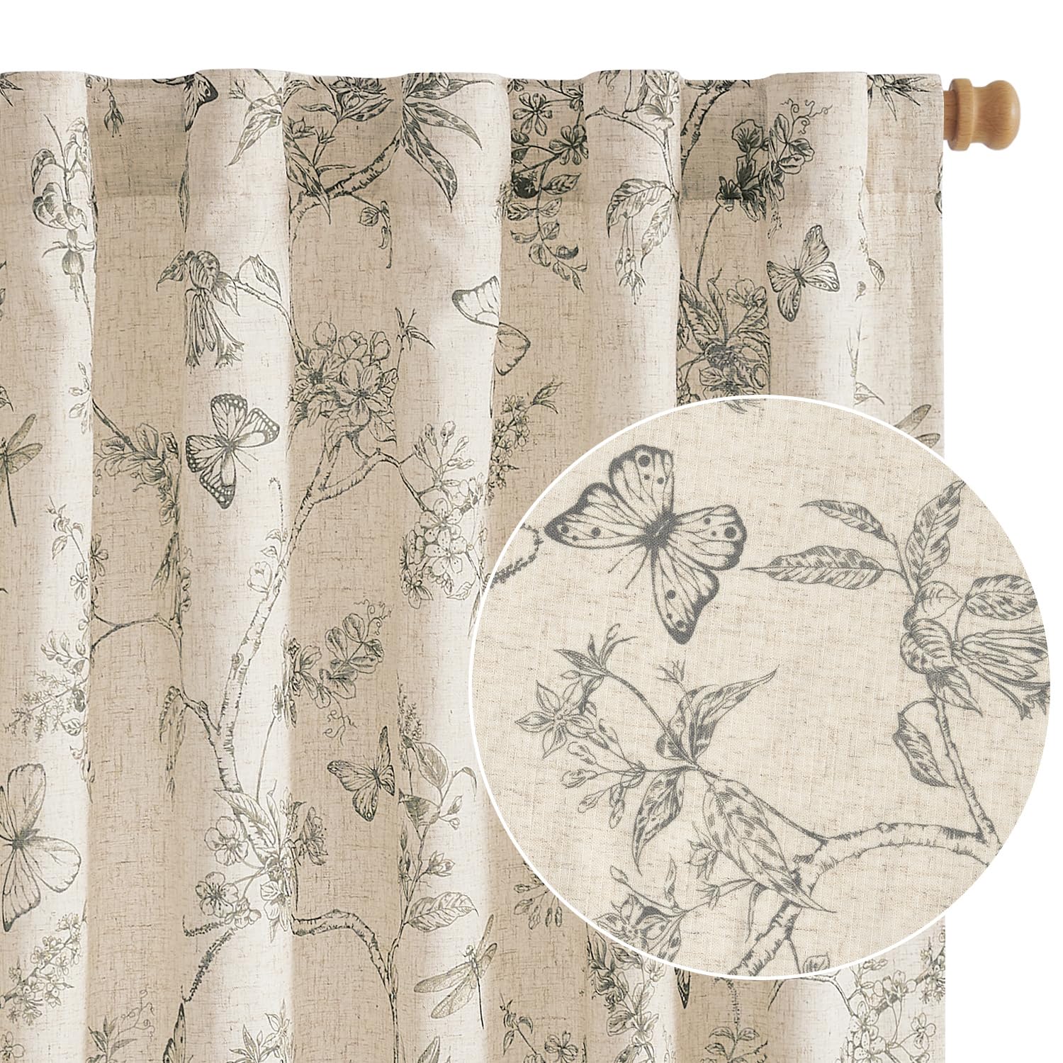 Lazzzy Floral Lined Linen Curtains 63 Inch Length Tabs Back Curtains for Living Room Bedroom Light Filtering Country Vintage Rod Pocket 2 Panels Grey on — image 1