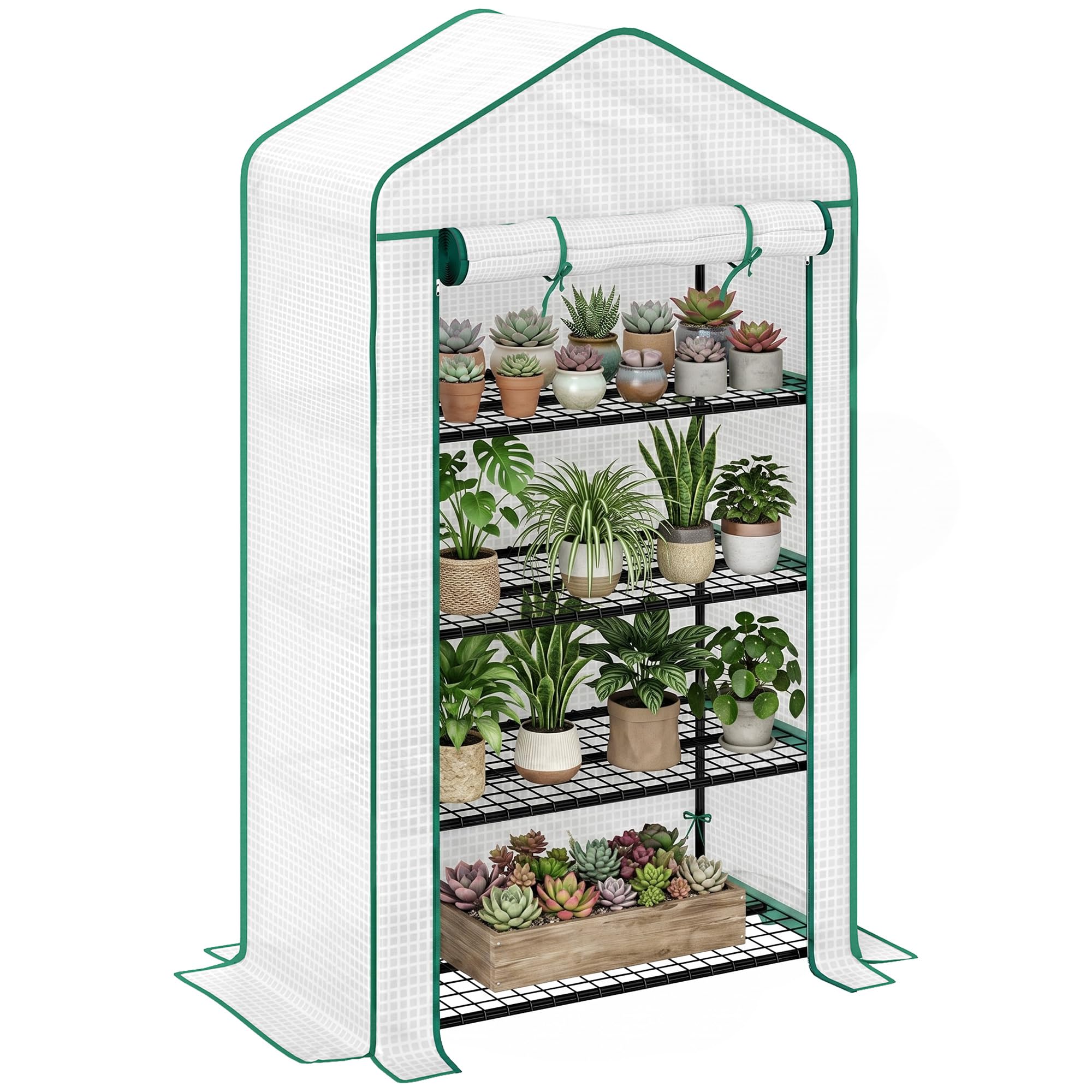 Outsunny Szklarnia ogrodowa Balkon Półka Szklarnia 4 poziomy 90 x 49 x 160 cm Stal ocynkowana Zdejmowana plandeka PE o wysokiej gęstości biały
