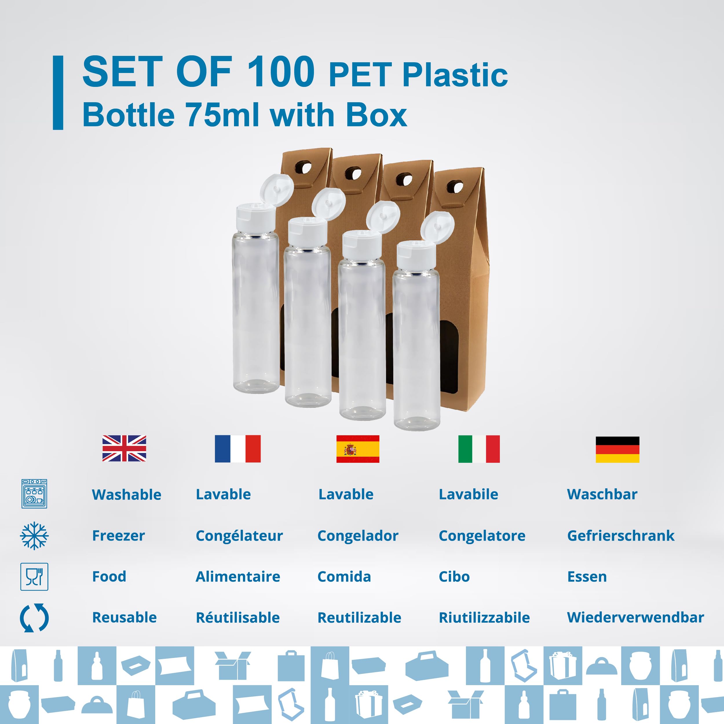 Confezione da 100 flaconi da viaggio da 75 ml in plastica con tappo a flop e scatola, bottiglie per cosmetici, lozione, shampoo, gel doccia, campioni, regali