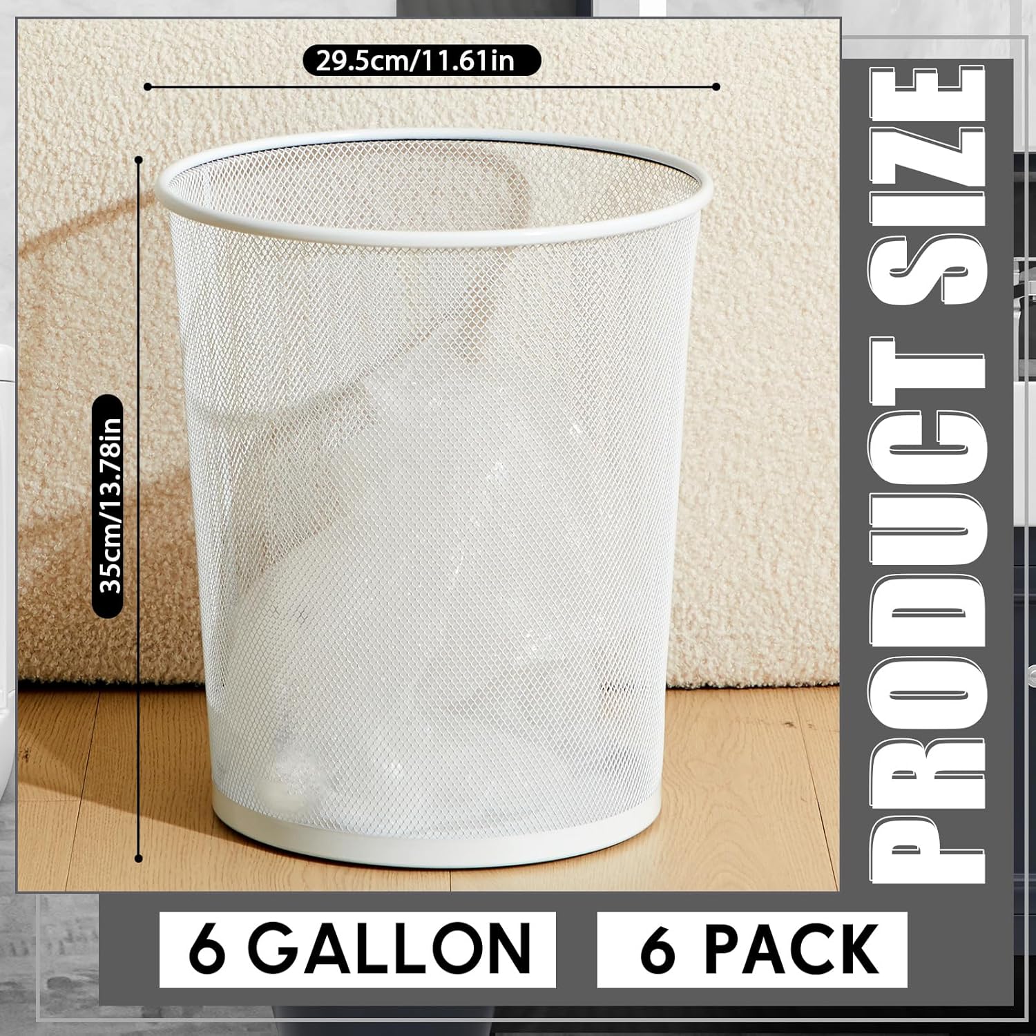 Zeyune 6 Pack White Office Trash Can Bulk Mesh Trash Can 6 Gallon Metal Wire Mesh Waste Paper Basket Round Small Garbage Bin for Office Bathroom Home Bedroom Kitchen Dorm