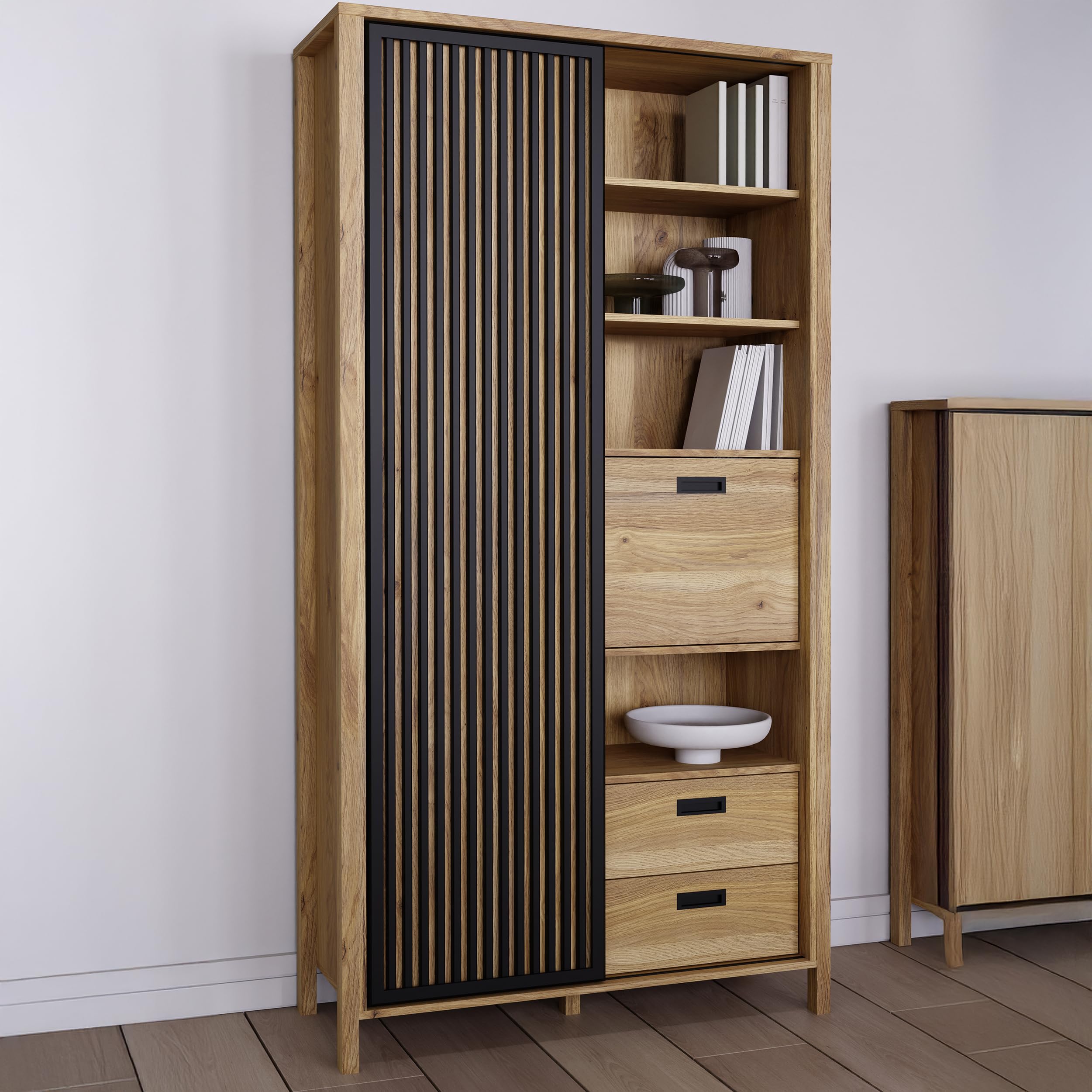 Forte JYTANA Schrank 100 105, skandinavischer Schrank mit 3 Schubladen, 2 Türen und 3 Regalfächern, Mauvella Eiche Holzdekor/Schwarz, 103,4 cm breit x 200,3 cm hoch x 40,2 cm tief