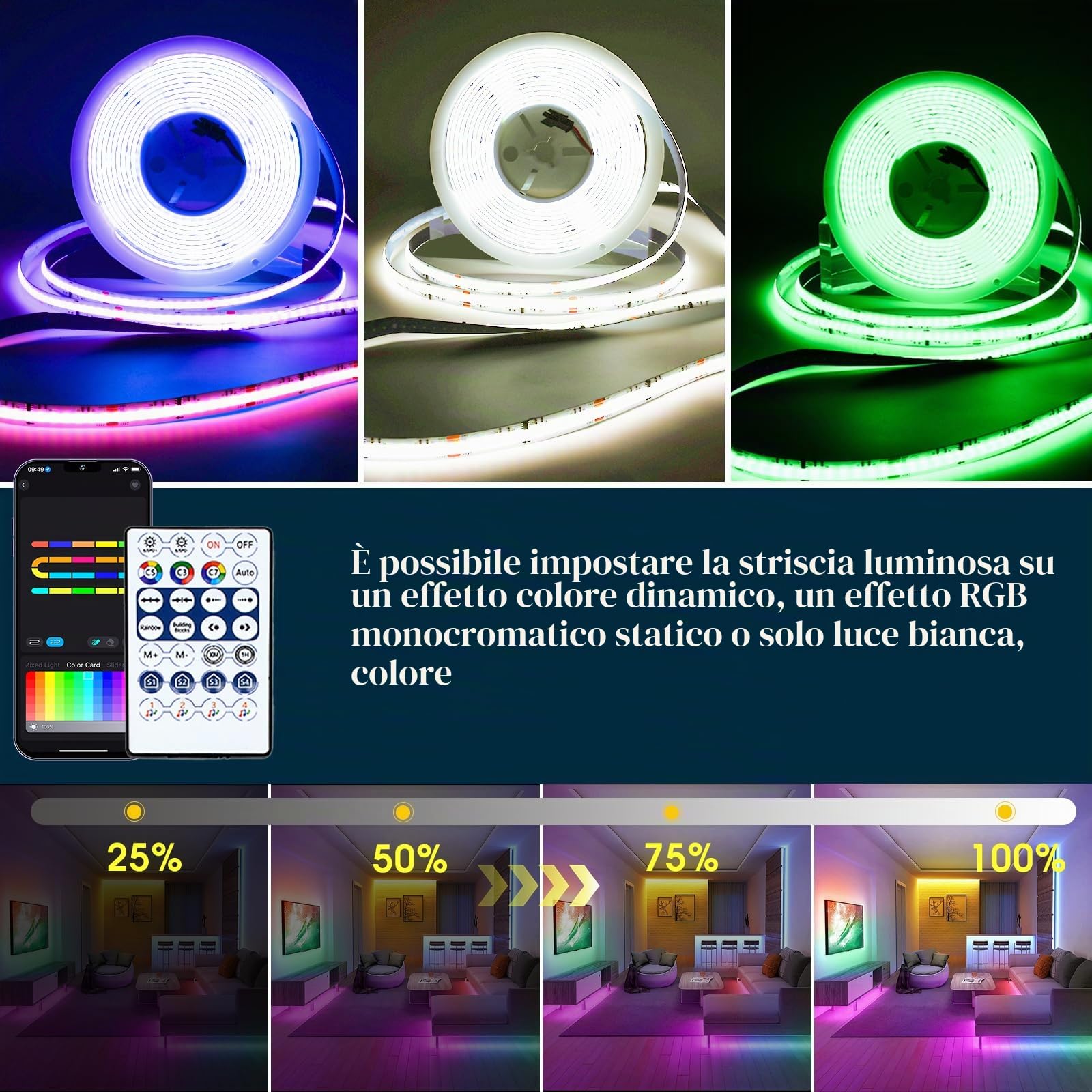 RGB+IC - Nastro LED COB 10 m, striscia led strip con controller WIFI 576 LEDs/M 24 V, dimmerabile, multicolore