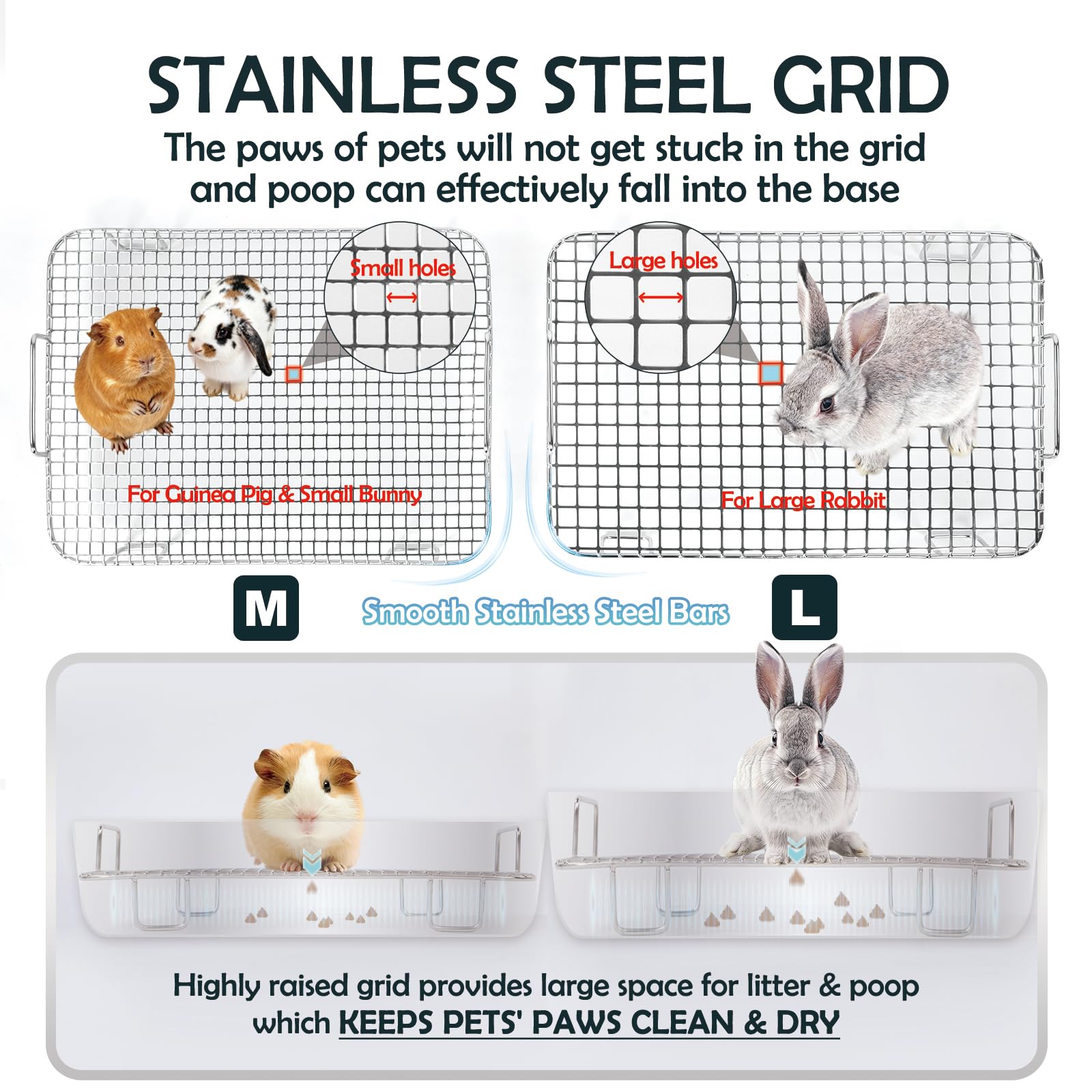 MEEXPAWS Rabbit Litter Box Stainless Steel, Large Bunny Litter Box with Raised Grid and Washable Pee Pad, Metal Litter Pan High Side for Rabbit,Small Animal Toilet Potty Tray Easy Cleaning,Less Stink - image 5