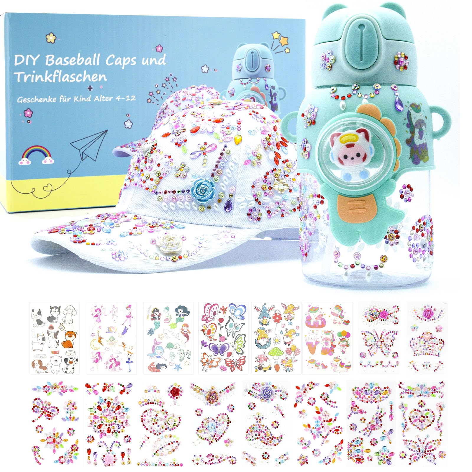 CGBOOM DIY Bastelset Mädchen - Trinkflasche & Basecap Mit Aufklebern Zum Gestalten