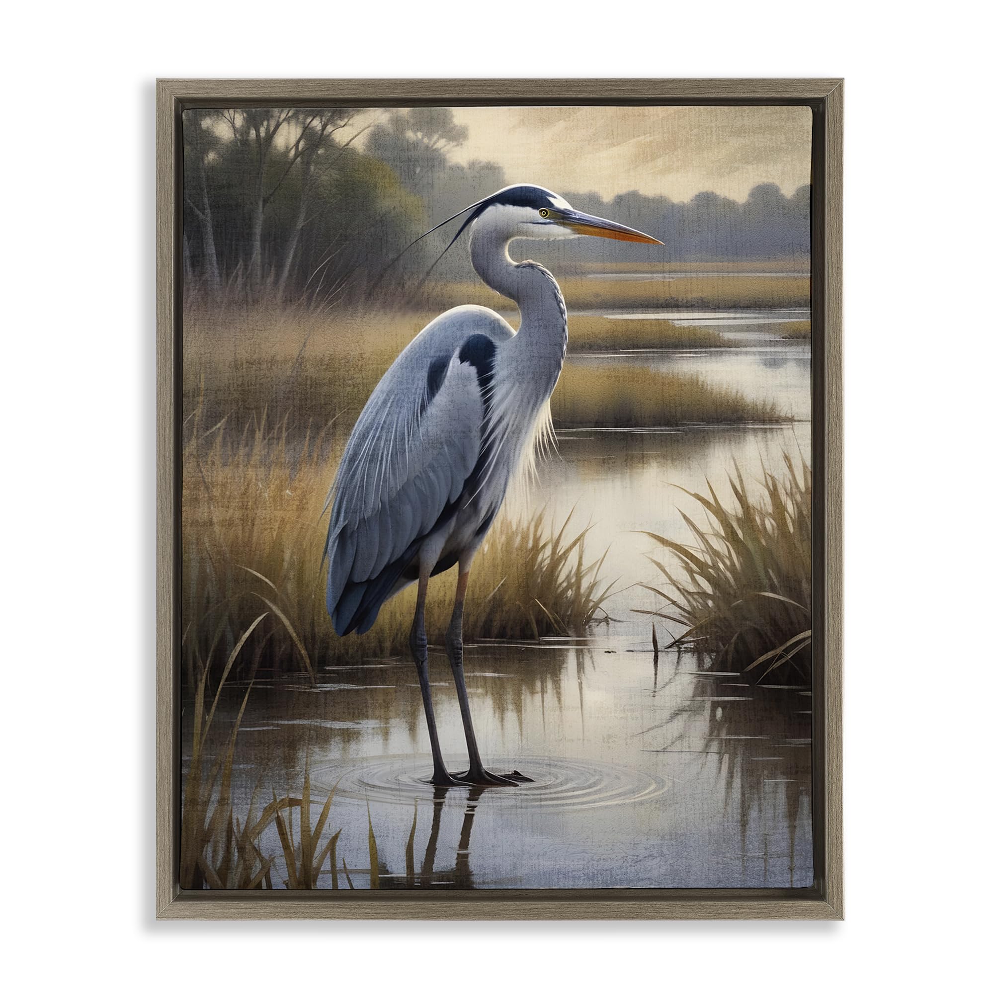 'Heron in Serene Marshlands'| Floating Frame Canvas Art