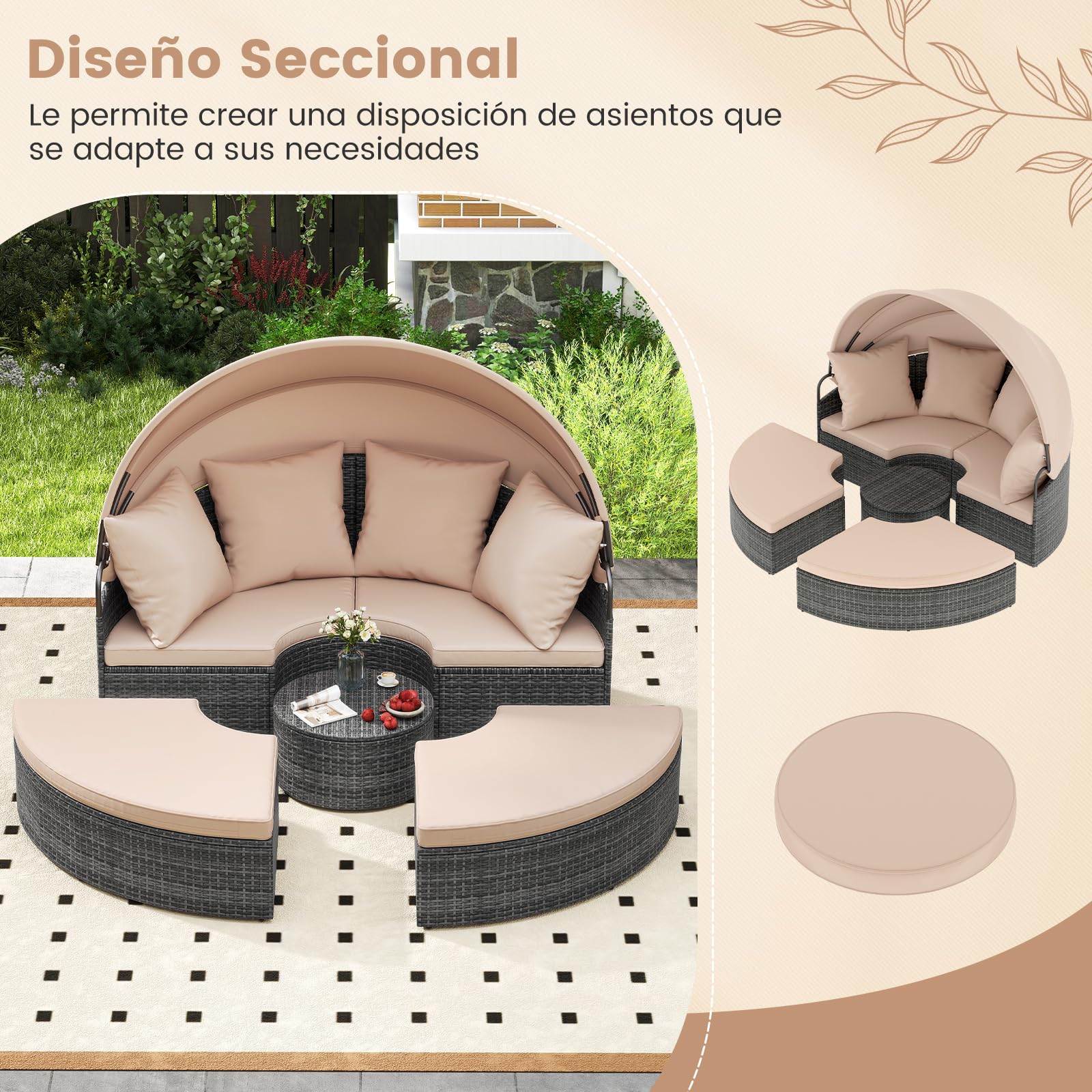 COSTWAY Cama Balinesa Exterior Jardin, Redondo con Dosel Retráctil, Tumbona Isla de Ratán, Cojines Suaves, Conjunto Jardin Terraza Balcon Piscina Exterior, 172 x 180 x 141 cm (Beige)