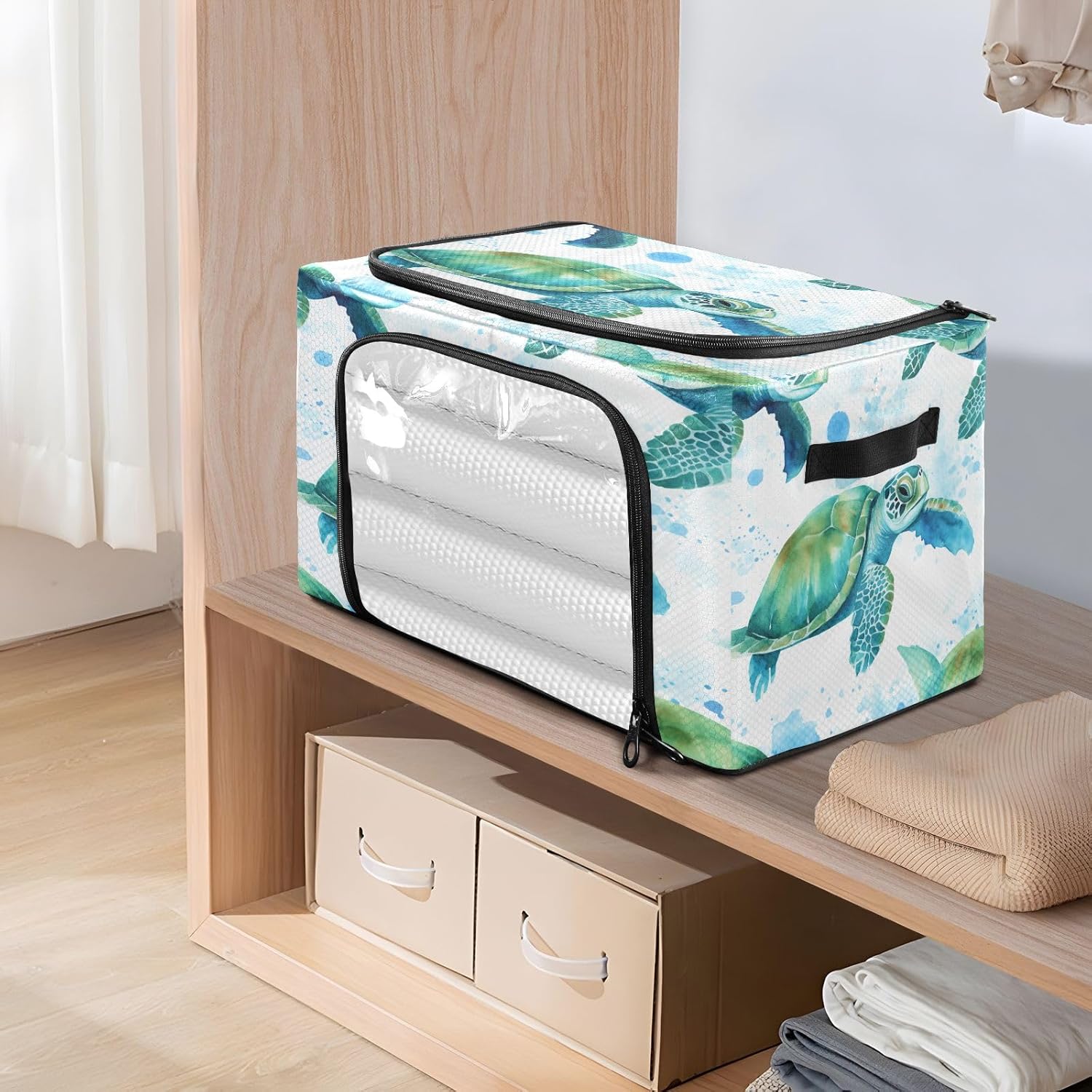 senya Sea Turtle Clothes Storage Bins with Clear Window Sea Lives Foldable Storage Bag with Lids