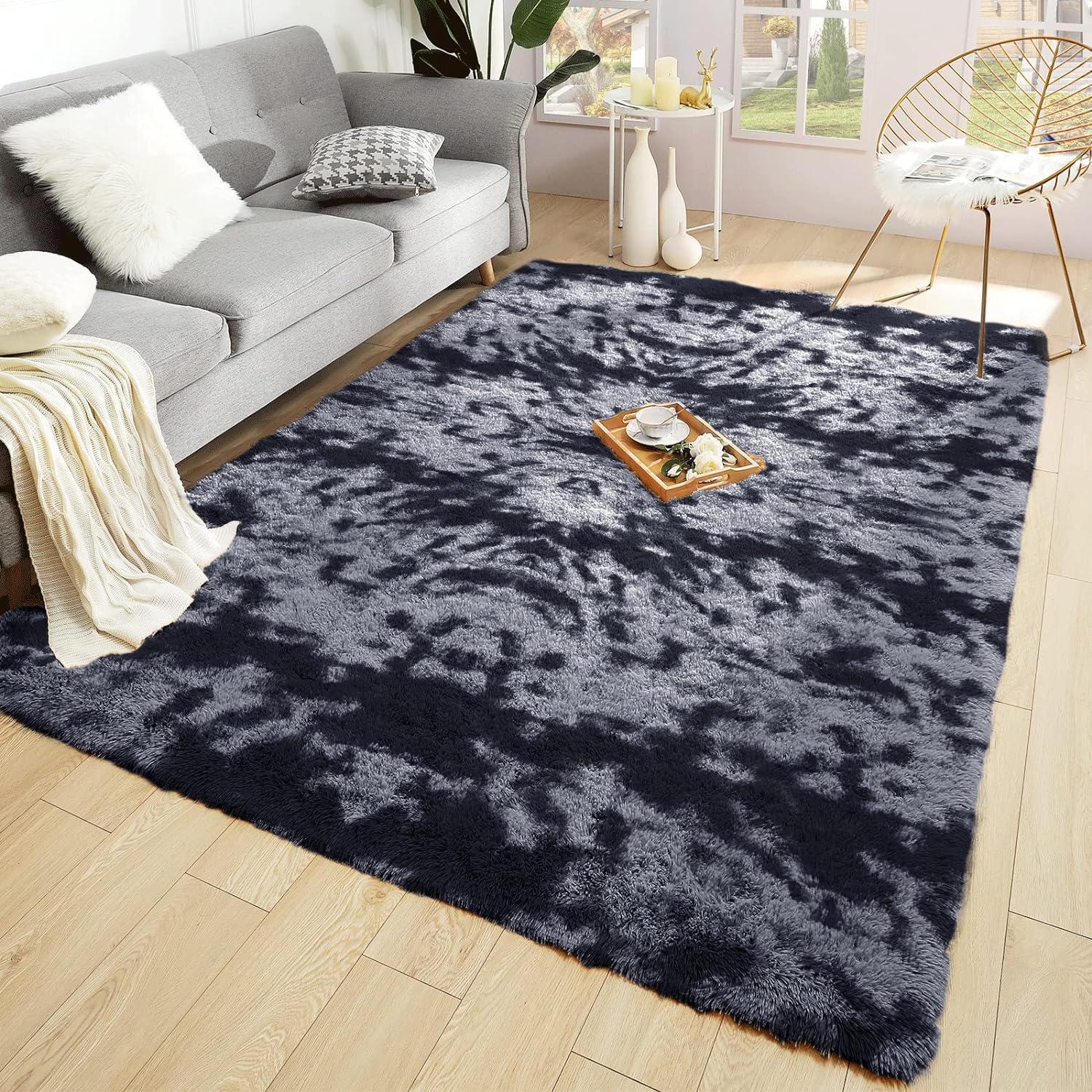 BedLooms Rugs Living Room Large 200x290 cm – Tie-Dye Dark Grey Area Rugs for Bedroom Non Slip – Modern Super Soft Plush Carpets Fluffy Shaggy Rug for Lounge – Non Shedding Easy To Clean Rug