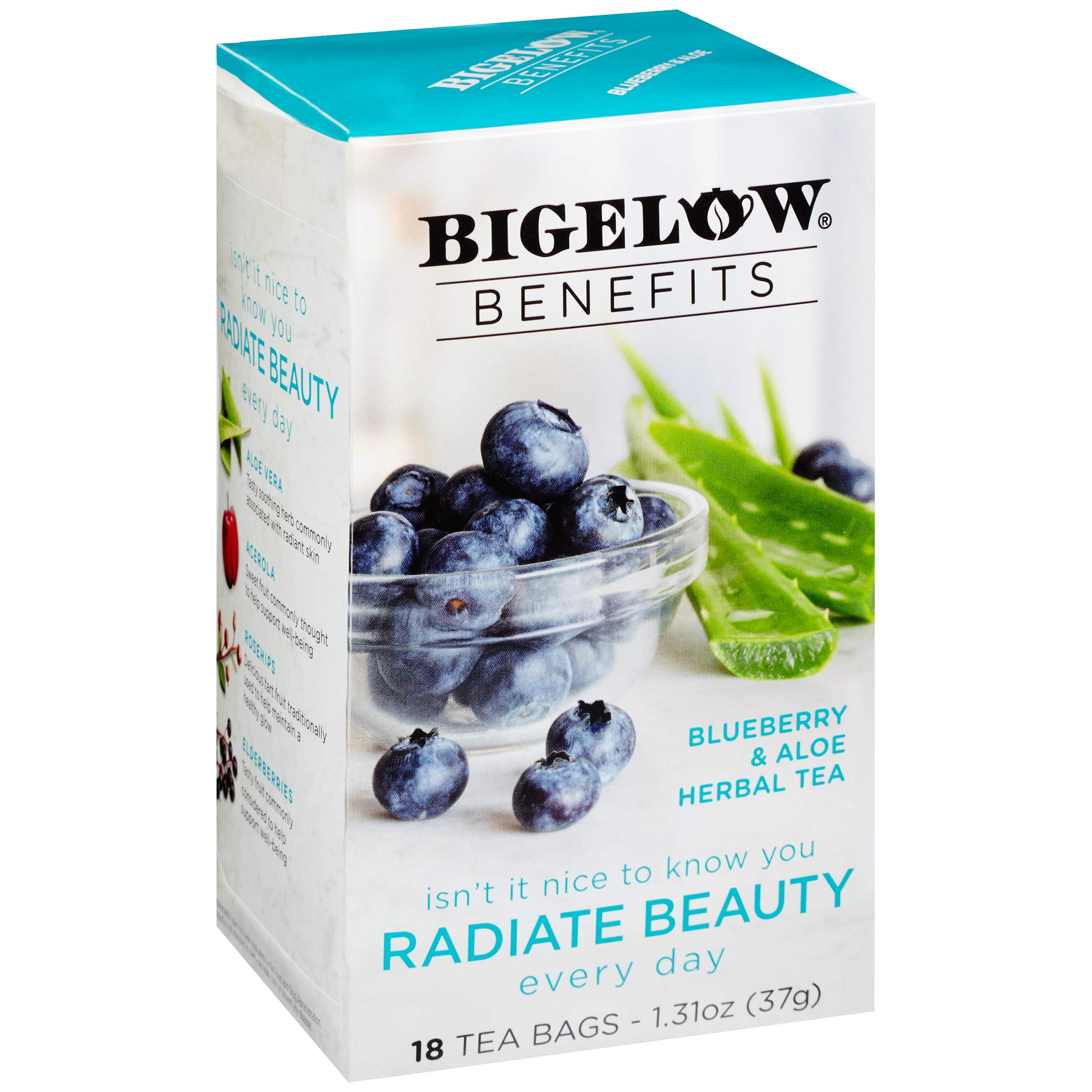 Bigelow Benefits Radiate Beauty Blueberry and Aloe Herbal Tea, Caffeine Free, 18 Count (Pack of 6), 108 Total Tea Bags