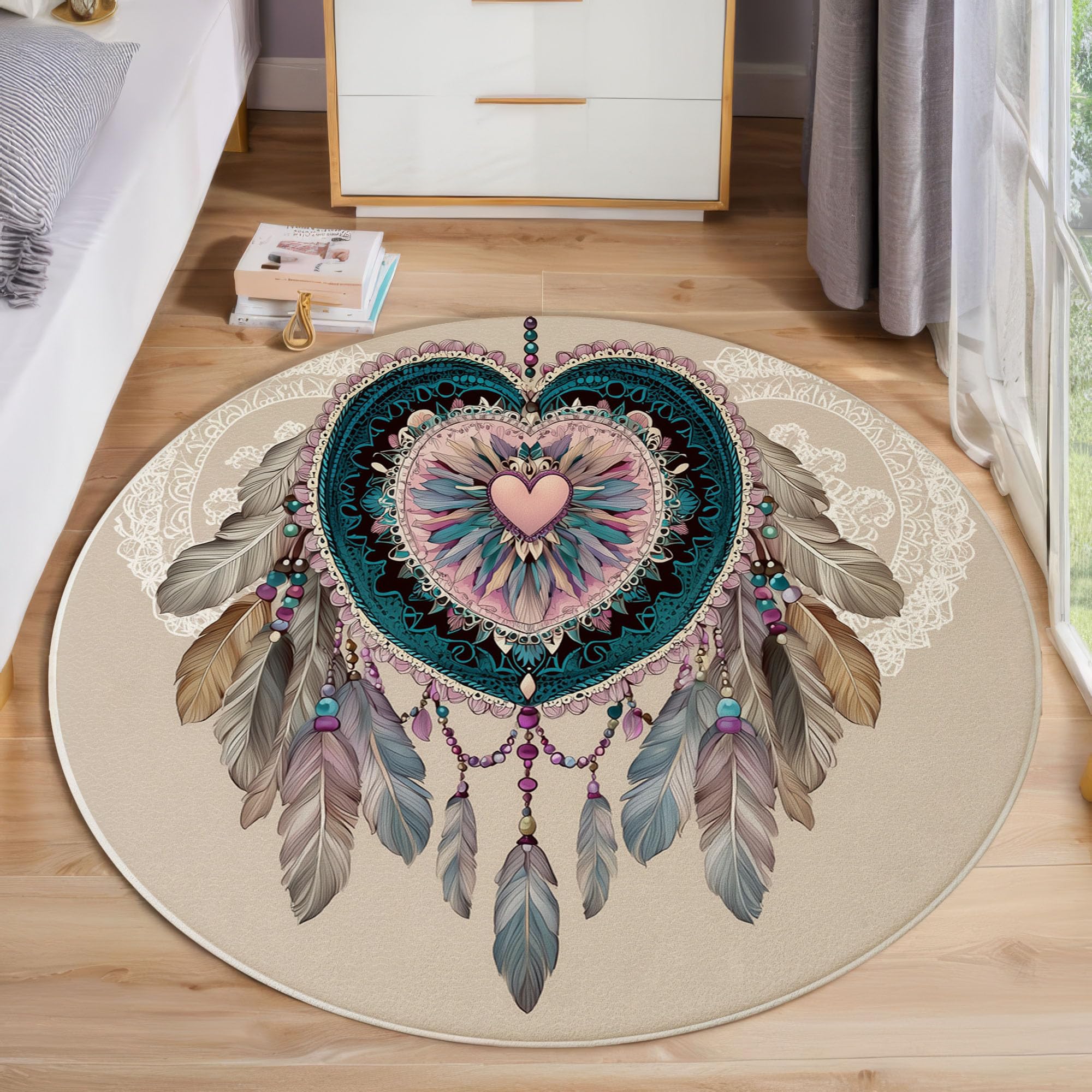 Tapis attrape-rêves lavable à poil ras doux, décoration bohème beige 120 cm