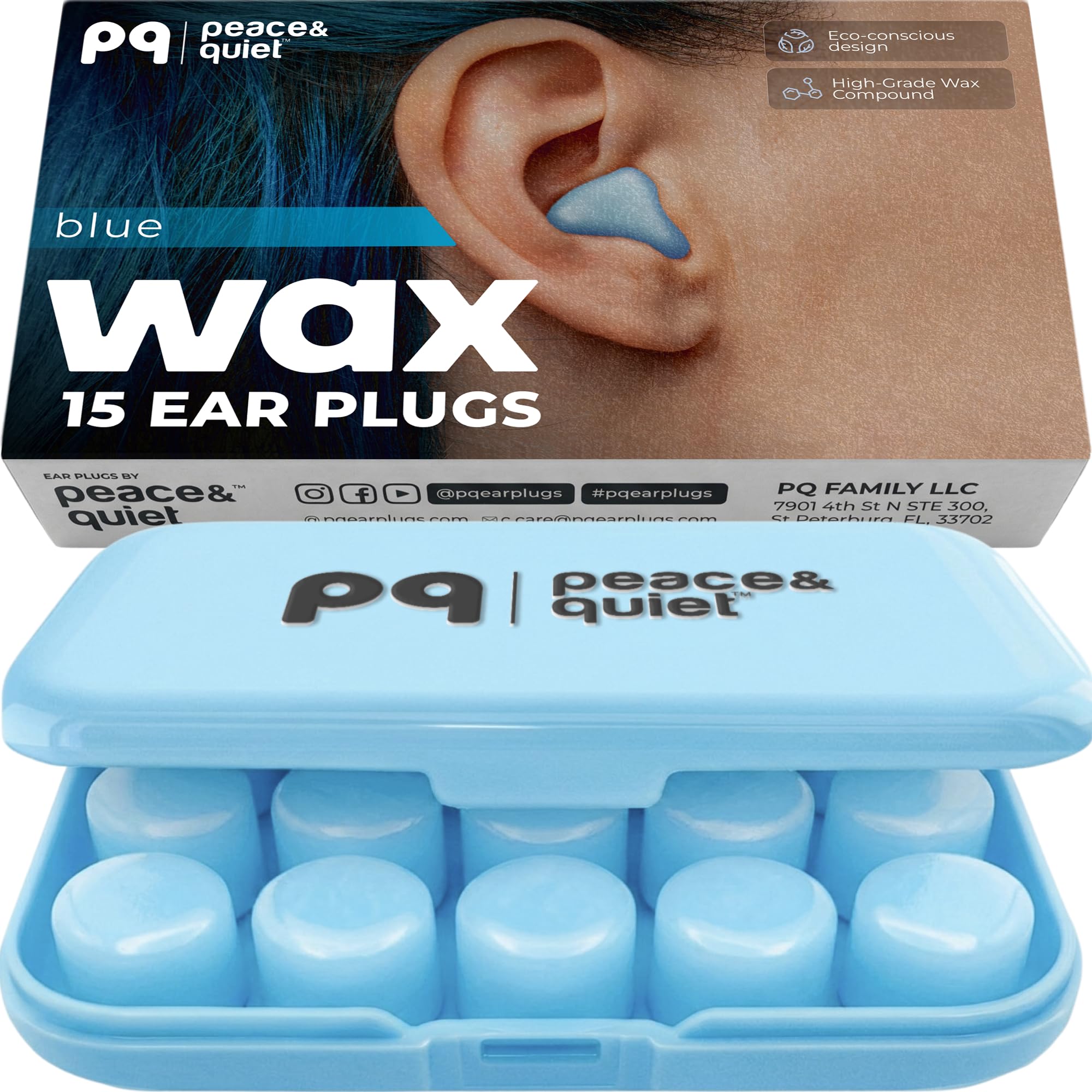 Peace&amp;Quiet PQ Wax Ear Plugs for Sleeping, Silicone, Blue, 15 Count