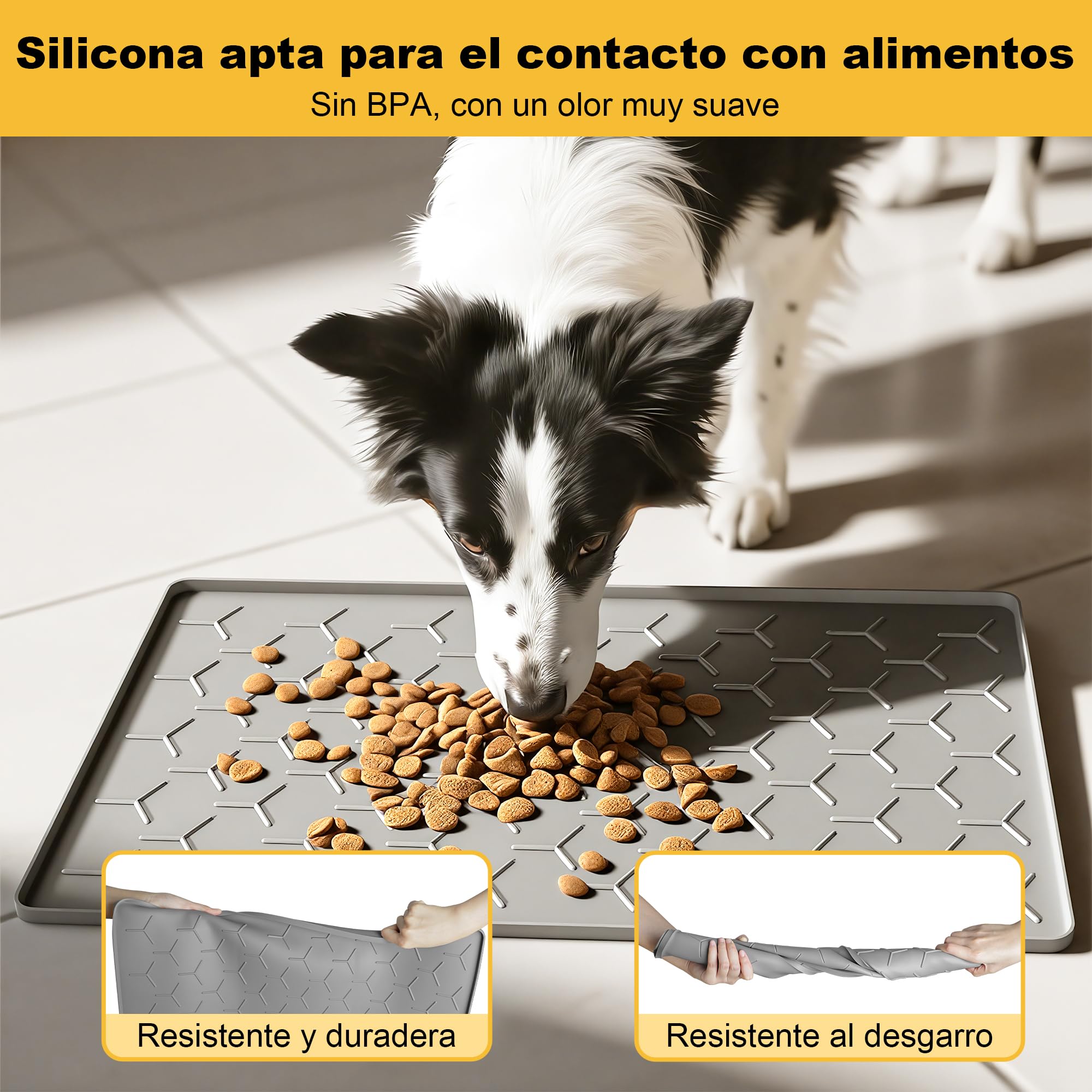 Pieviev Alfombra Comedero de Perros y Gatos 40x60 cm, Alfombrilla para Cuenco de Silicona, Material Apto para Uso Alimentario, Impermeable y Antideslizante, Gris Claro