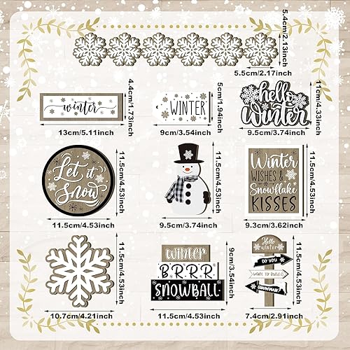 Miniatura 3 de Dandat Juego de decoración de bandeja escalonada de Navidad de 15 piezas Invierno en Hello Banderas de muñeco de nieve y copo de nieve de madera