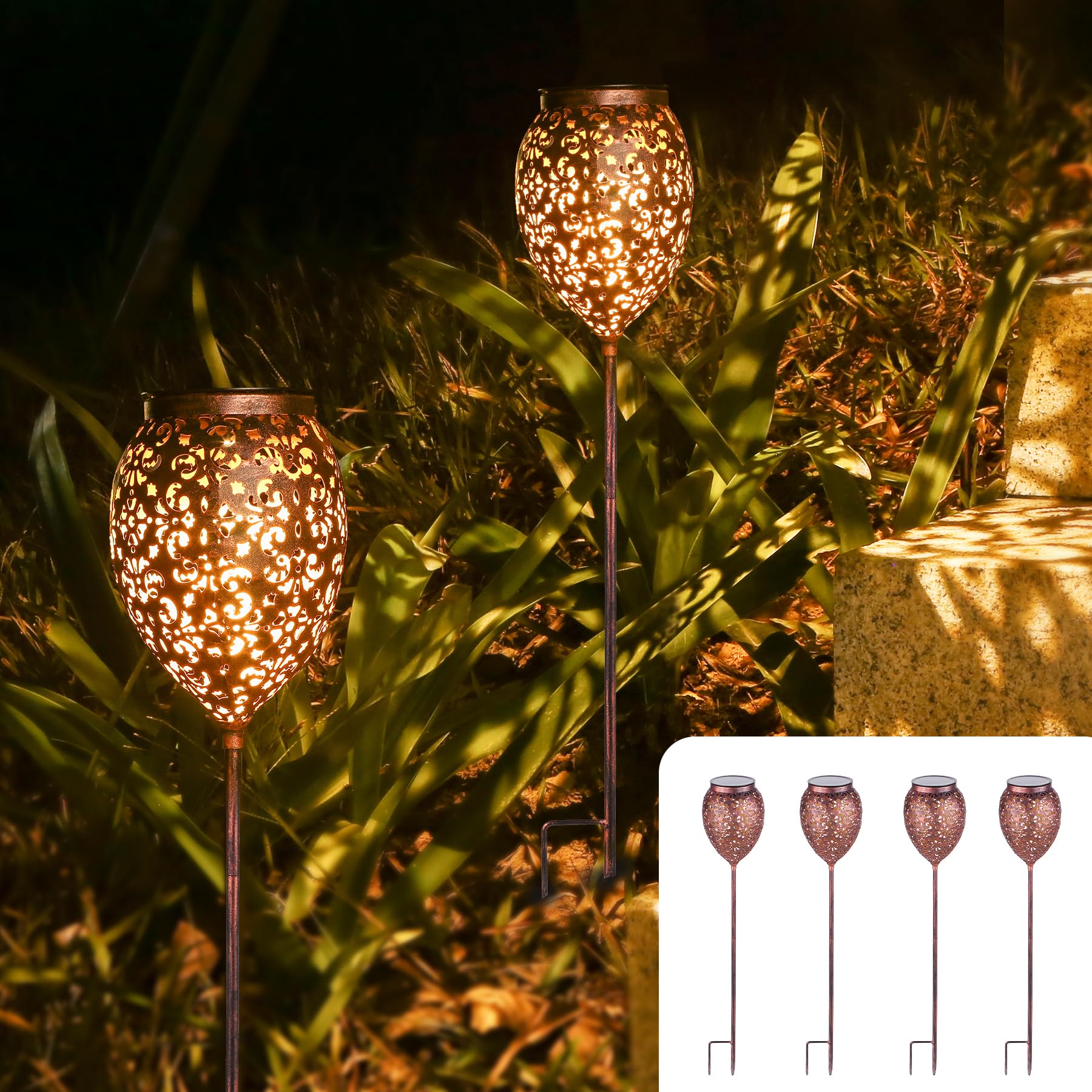 JOYCREATOR Metall Solarlampen für Außen Garten 4 Stück, Solarleuchten für Außen IP65 Wasserdicht, Vintage Gartenleuchten Solar Höhenverstellbar mit Erdspieß für Balkon Terrasse Weg Hof Rasen (Kupfer)