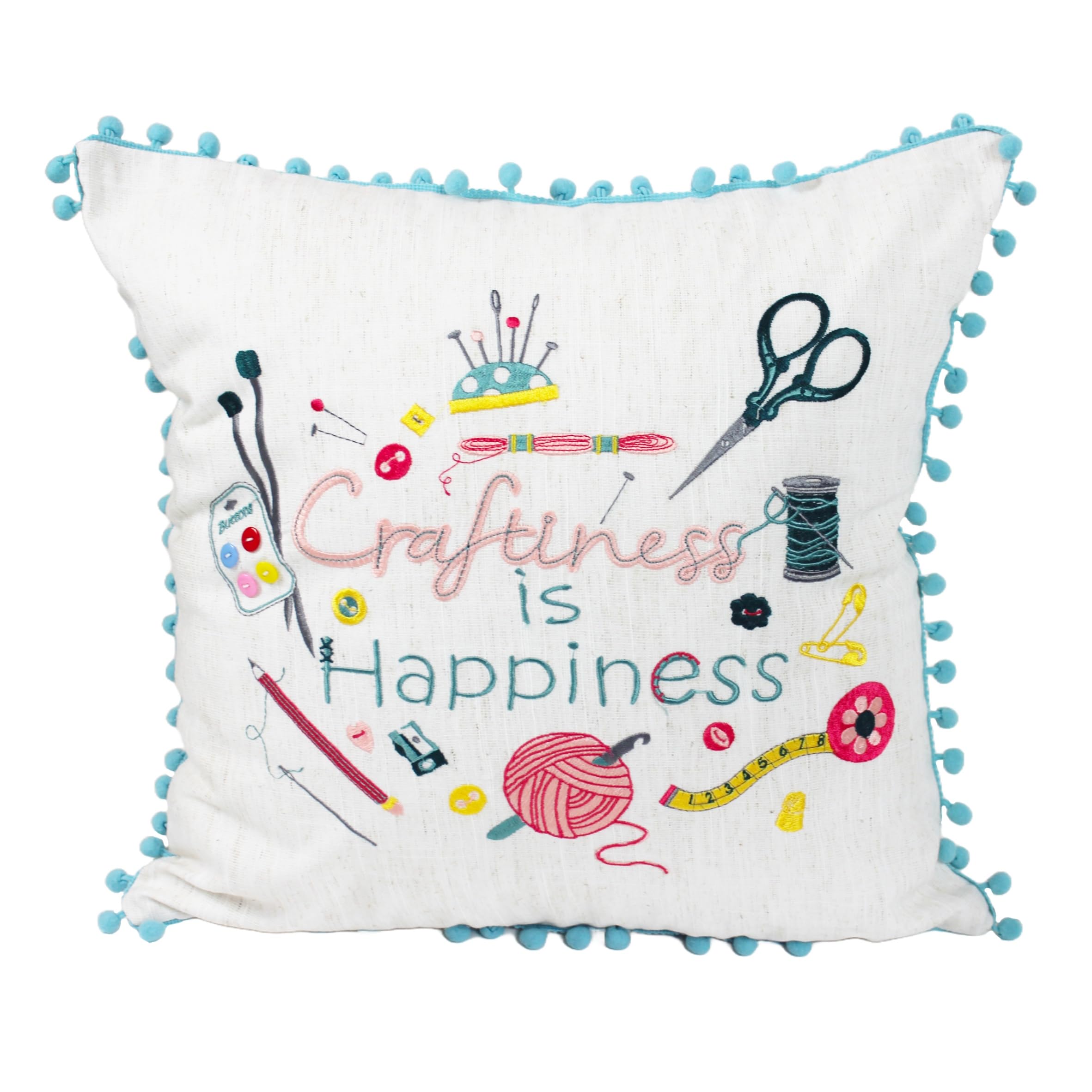 Peggy Wilkins Decorative Craftiness is Happiness Throw Cushion 45 x 45 cm – Square Scatter Pillow Crafting Themed Gift, Removable Cover & Hidden Zip, Machine Washable Indoor Cushion for Sofa & Bedroom