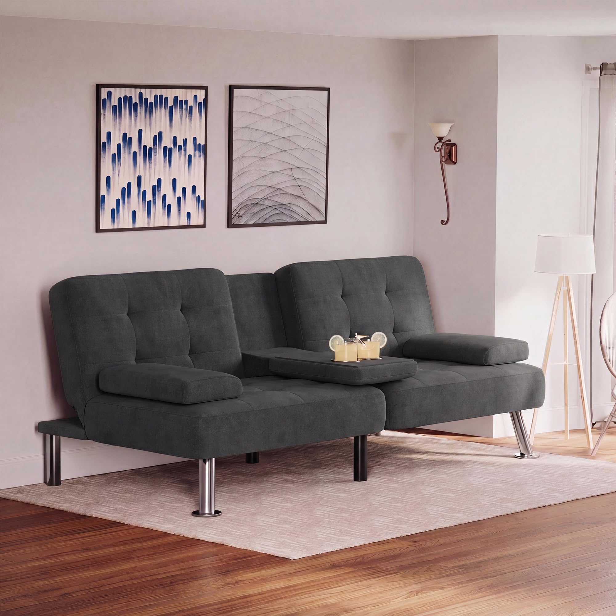 Flamaker Futon Sofa Bed, Modern Linen Convertible Folding Futon Set | Adjustable Sleeper Sofa with Removable Armrests & 2 Cup Holders, Recliner Lounge for Living Room, Apartment | Carbon Black