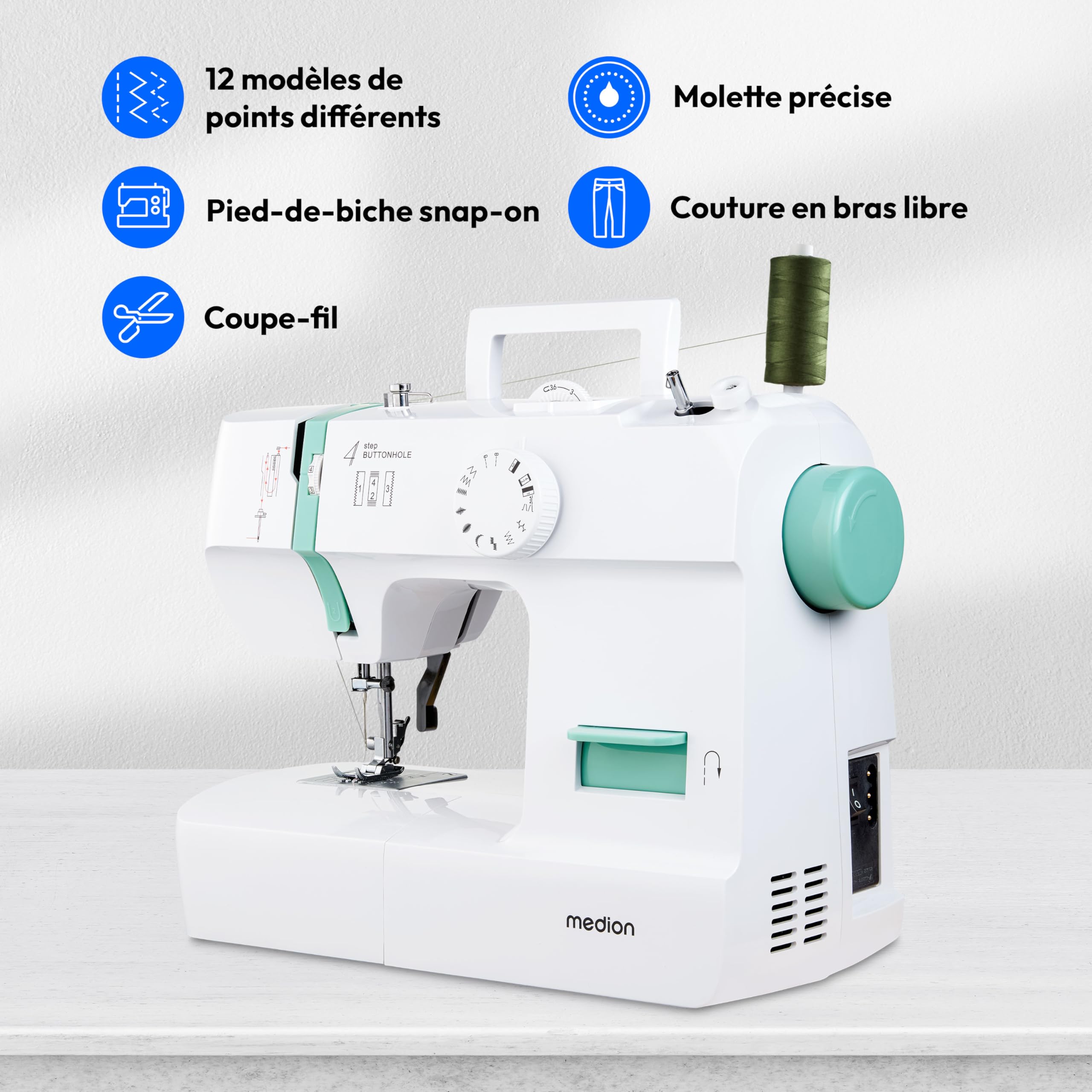 MEDION Machine à coudre SM70 (70 watts, 12 modèles de points différents, lumière de couture LED, longueur de point réglable, bouton d'inversion, coupe-fil, MD11179) turquoise