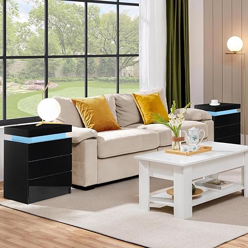 Miniatura 9 de TUKAILAi Moderna mesita de noche con luz LED, armario de noche de alto brillo con 3 cajones y almacenamiento superior, cómoda para dormitorio, sala